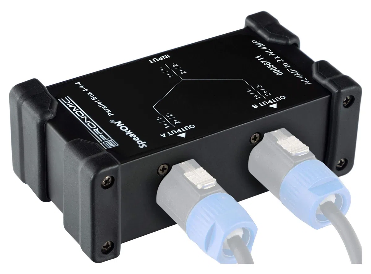 Pronomic Speakon Parallel Box 4-4-4 - Splitter für Speakon-Kabel - teilt 2- und 4-polige Signal in 2 Signale auf - Original Neutrik-Buchsen - robustes Stahlgehäuse - schwarz