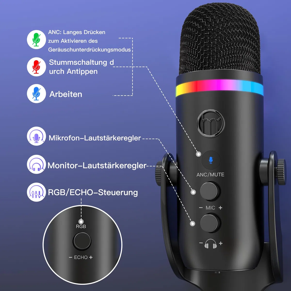 zealsound USB Mikrofon, RGB Gaming Mikrofon für PC, Handy & iPhone, mit Rauschunterdrückung, Stumm & Echo, Kondensator-Tischmikrofon für Podcast, Streaming, Twitch, YouTube, Discord auf Windows & Mac