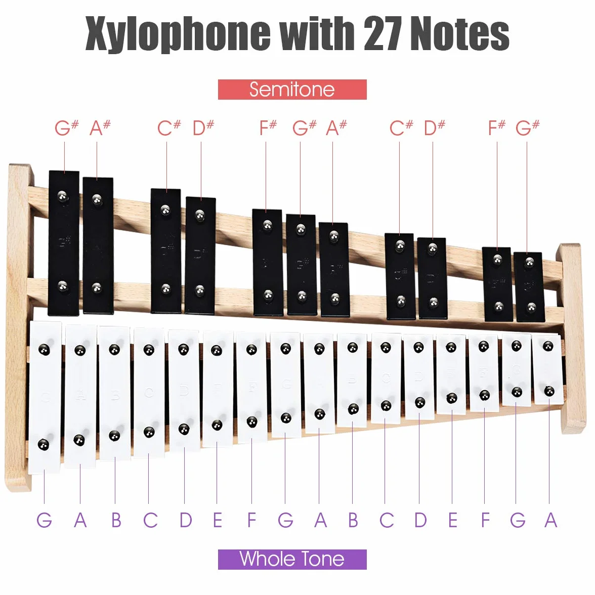 KOMFOTTEU 27 Noten Xylophon, Glockenspiel mit Metalltasten & Holzsockel, Handpercussion mit 2 Schlägeln tragbar mit Tragetasche, Schlaginstrument für Performance, Musikkonzert