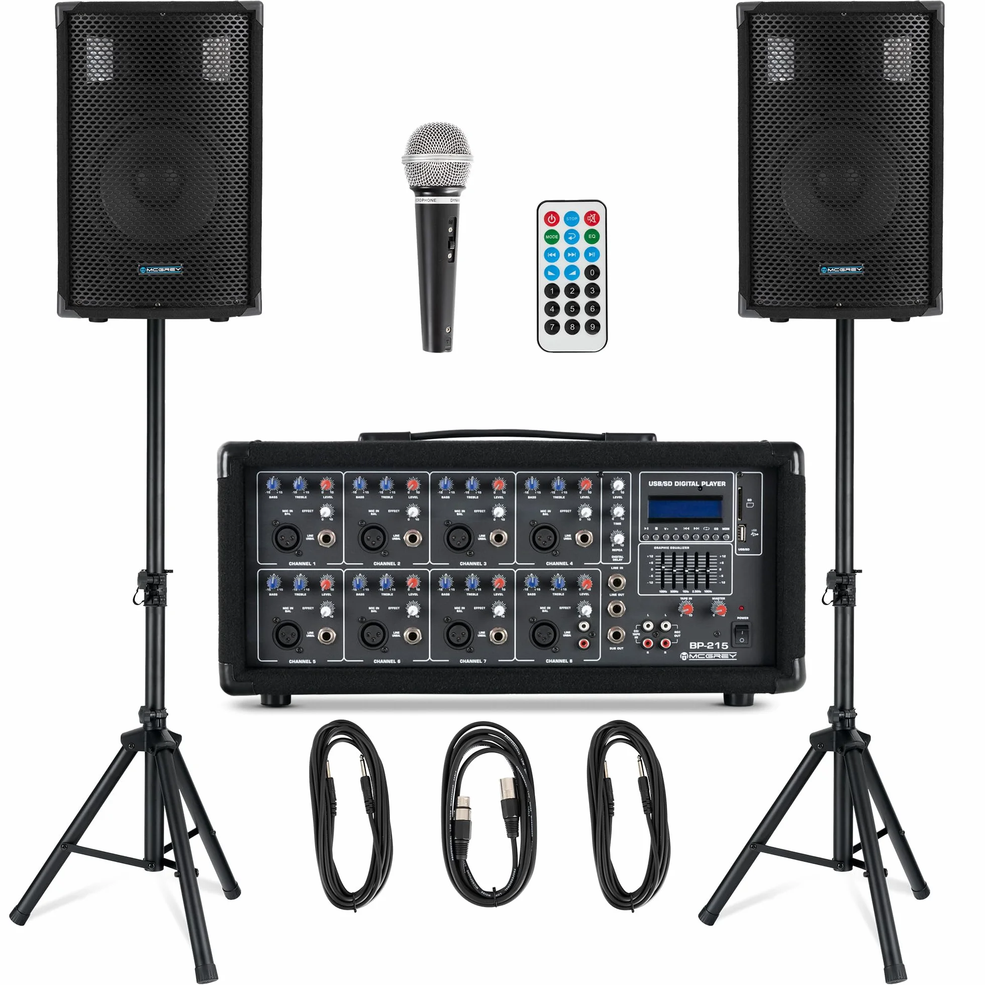 McGrey BP-215 Bandpack PA-Anlage - 8-Kanal Powermixer - digitaler Hall - Bluetooth - USB/SD-Slot - 2-Wege-Lautsprecher mit 15" Woofer und Horn - Inklusive Mikrofon, Stative und Kabel - 150 Watt
