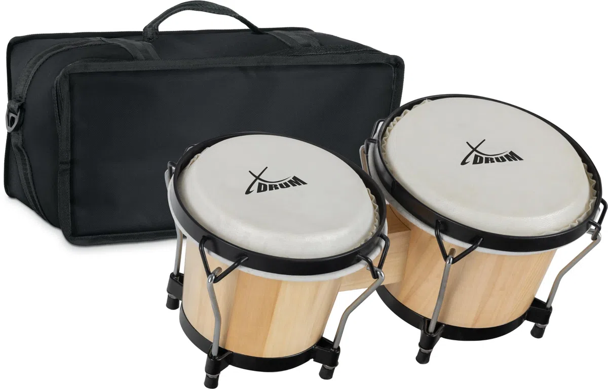 XDrum PERC Bongos Club Natur - 2 Trommeln mit 6" und 7" - Bongotrommeln mit stimmbaren Naturfellen und Stimmschlüssel - Holztrommeln Natur - Set inkl. gepolsterter Bongotasche aus Nylon