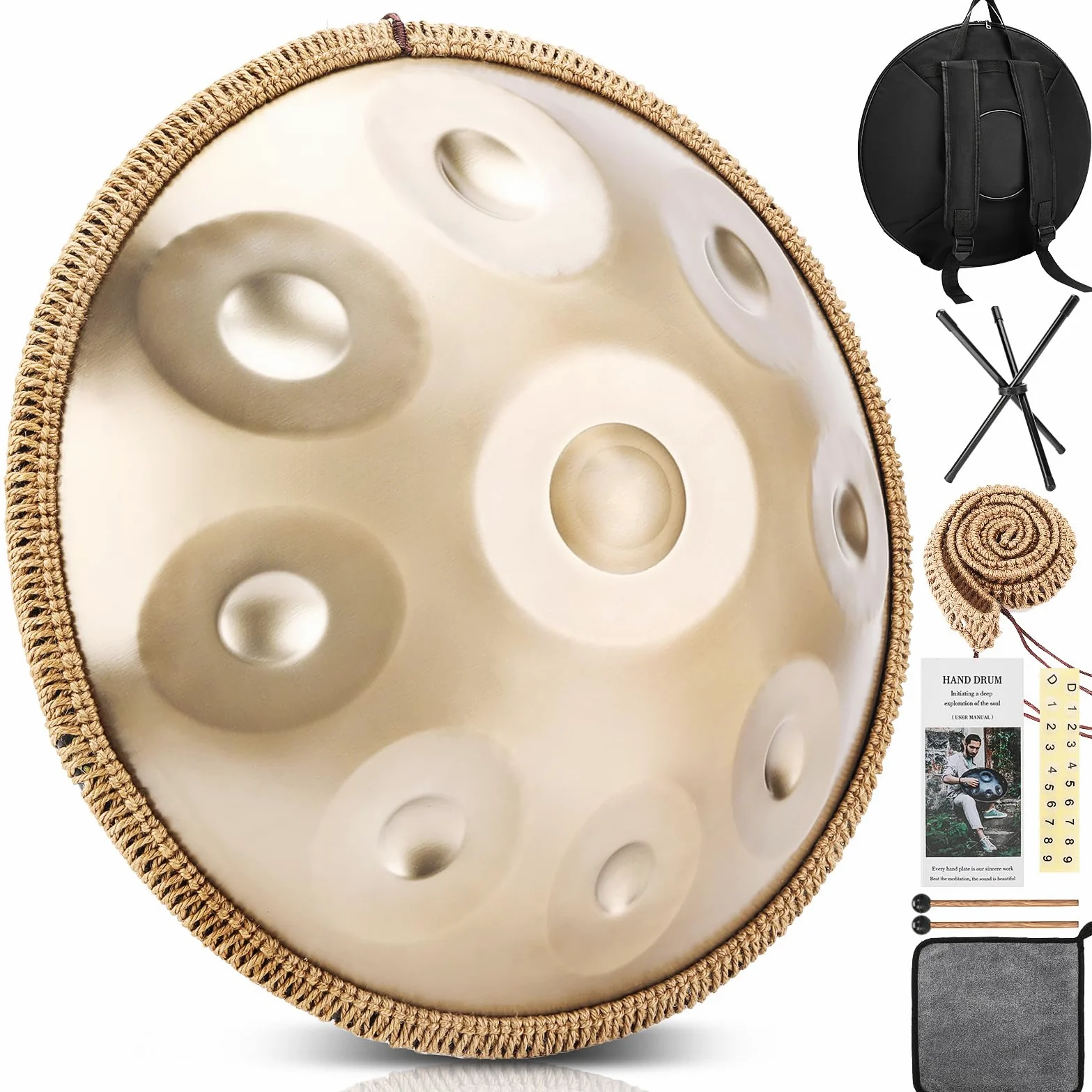 Handpan Drum, 22 Zoll 9/10/12/ Note 432/440 Hz Steel Tongue Drum in D-Moll Steel pan für Yoga-Meditation, Klangheilung (Gold, 9 Töne- 432Hz)