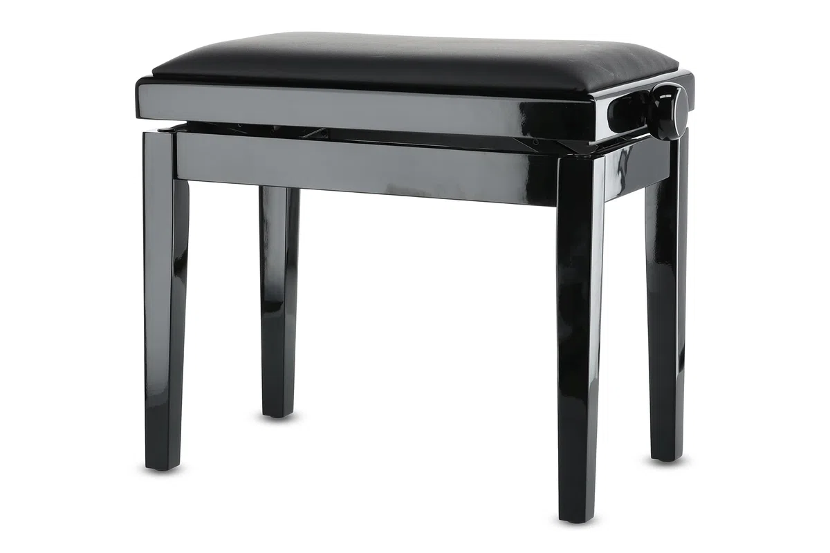 GEWA Pianobank Deluxe Vinyl - Schwarz Hochglanz - Massivholz - Vinyl Sitzbezug - 52x30cm Sitzfläche - Höhenverstellbar - Hochfeste Fixierung - 2t Bruchlast