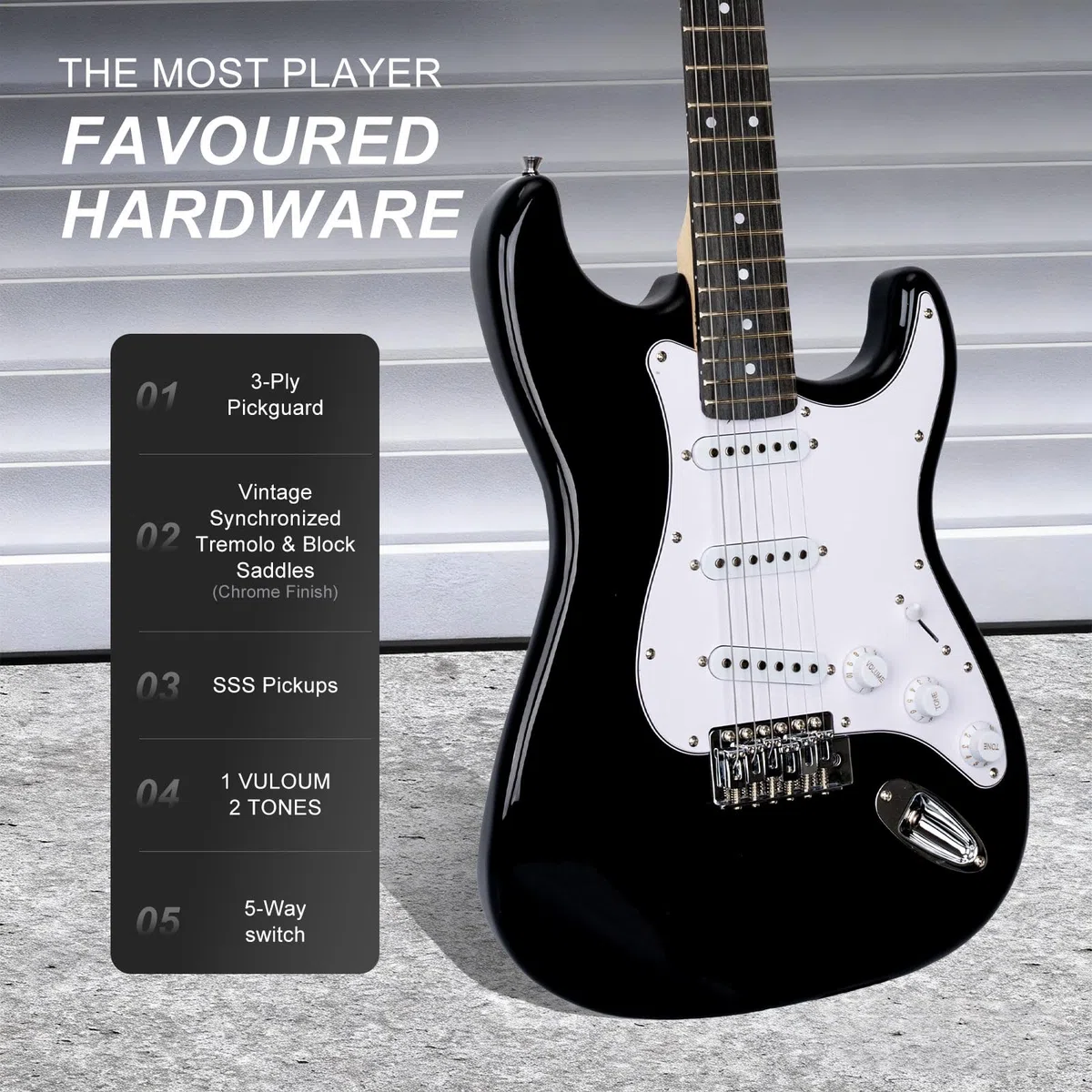 E-Gitarre 39 Zoll Anfänger E-Gitarre Kits mit Verstärker Classic SSS Tonabnehmer Komplett mit Gigbag Tuner Kapodaster Gurt Plektren Gitarrensaitenwickler Schwarz