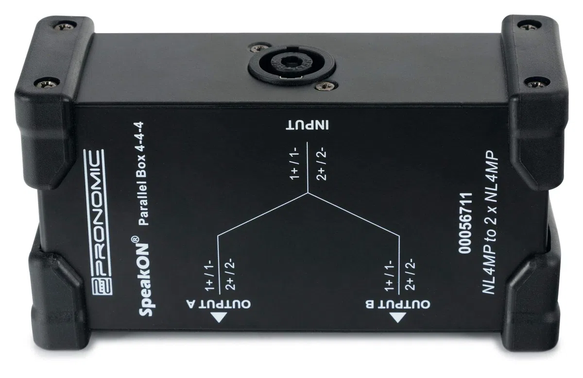 Pronomic Speakon Parallel Box 4-4-4 - Splitter für Speakon-Kabel - teilt 2- und 4-polige Signal in 2 Signale auf - Original Neutrik-Buchsen - robustes Stahlgehäuse - schwarz