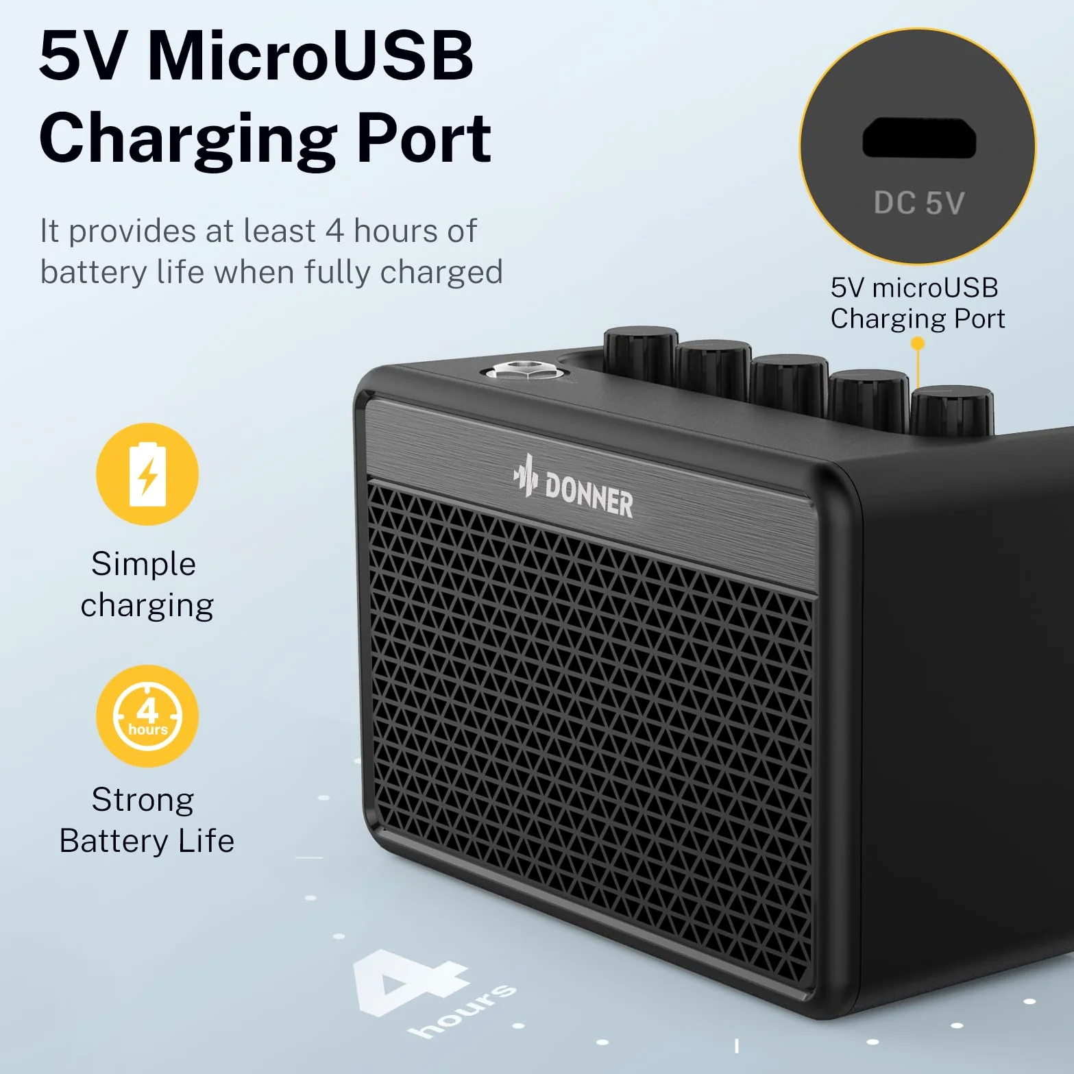 Donner 5W Electric Guitar Amplifier, Mini Gitarre Verstärker Wiederaufladbar, tragbarer Guitar Amp mit britischem Retro-Klang, Sauberer Ton, Warmer Overdrive, Unruhige Distortion(DA-10)