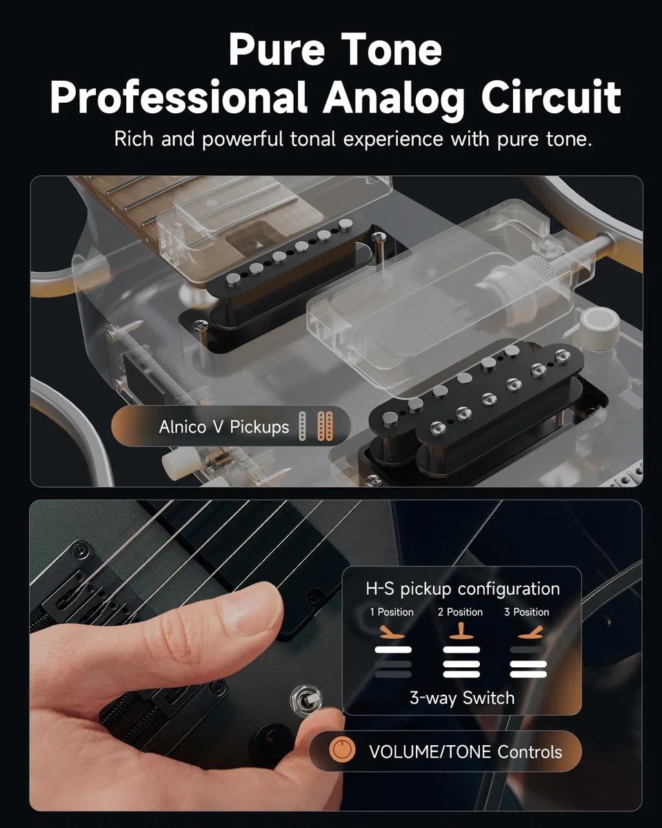 Donner HUSH X PRO E-Gitarren-Kit – Intelligente Reisegitarre mit Dutzenden voreingestellter Kombinationen, 7 Tone Sim Optionen, Midnight Glow