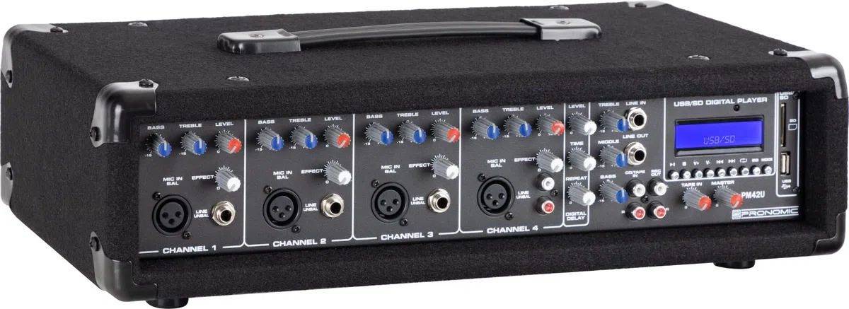 Pronomic PM42U MKII MP3 4-Kanal Powermischer - Mischpult mit Verstärker und integriertem USB/SD MP3-Player - 2x 100 Watt - Mic/Line/Instrument-Input - Powermixer mit 3-Band Graphic Equalizer