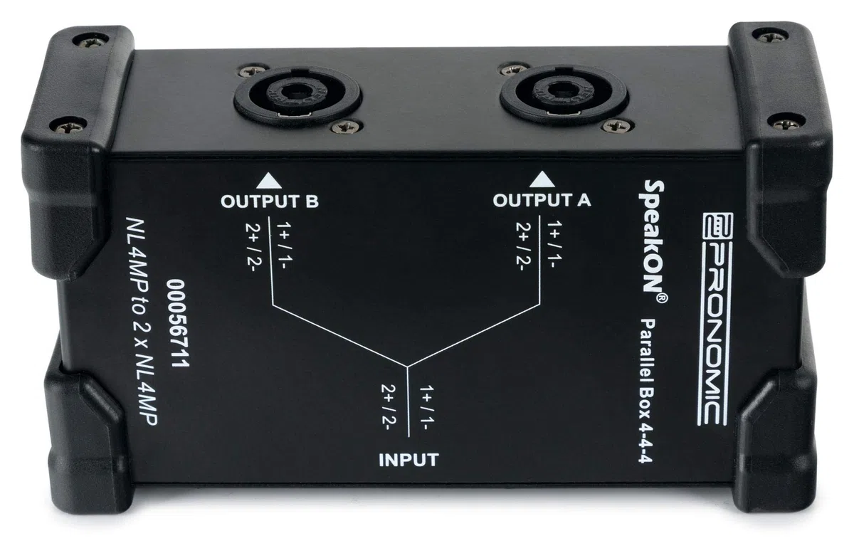 Pronomic Speakon Parallel Box 4-4-4 - Splitter für Speakon-Kabel - teilt 2- und 4-polige Signal in 2 Signale auf - Original Neutrik-Buchsen - robustes Stahlgehäuse - schwarz