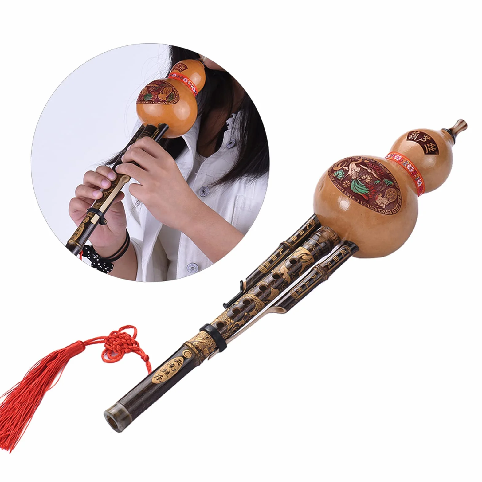 Schwarze Kürbisflöte, chinesische handgefertigte schwarze Hulusi-Kürbis-Flöte, ethnisches Musikinstrument, Tonart C, mit Etui für Musikliebhaber