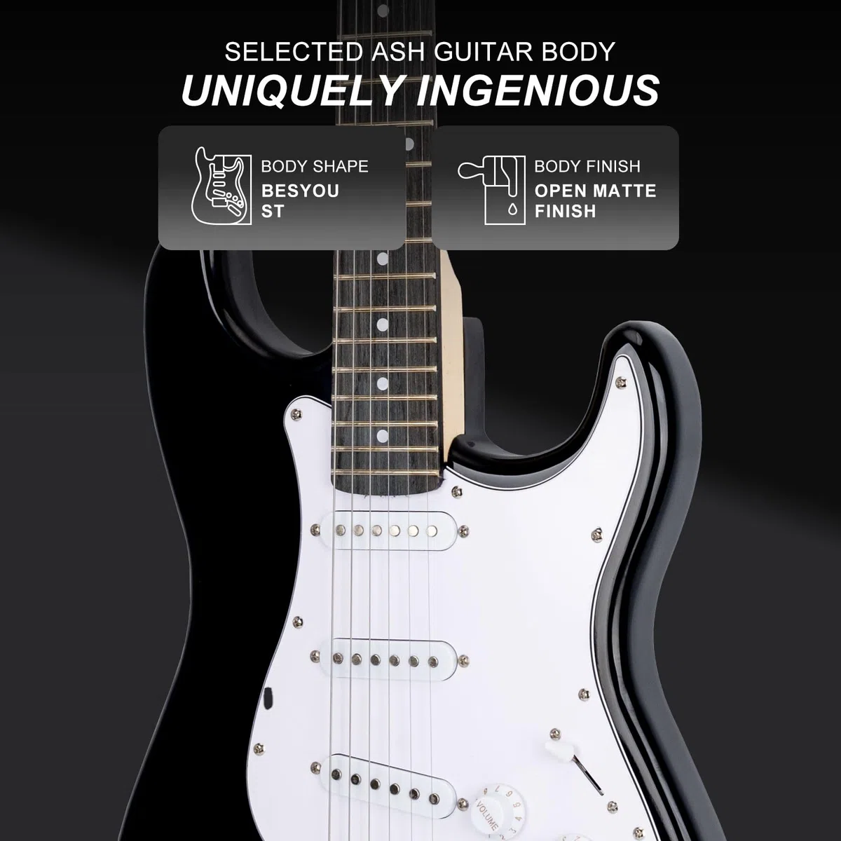 E-Gitarre 39 Zoll Anfänger E-Gitarre Kits mit Verstärker Classic SSS Tonabnehmer Komplett mit Gigbag Tuner Kapodaster Gurt Plektren Gitarrensaitenwickler Schwarz