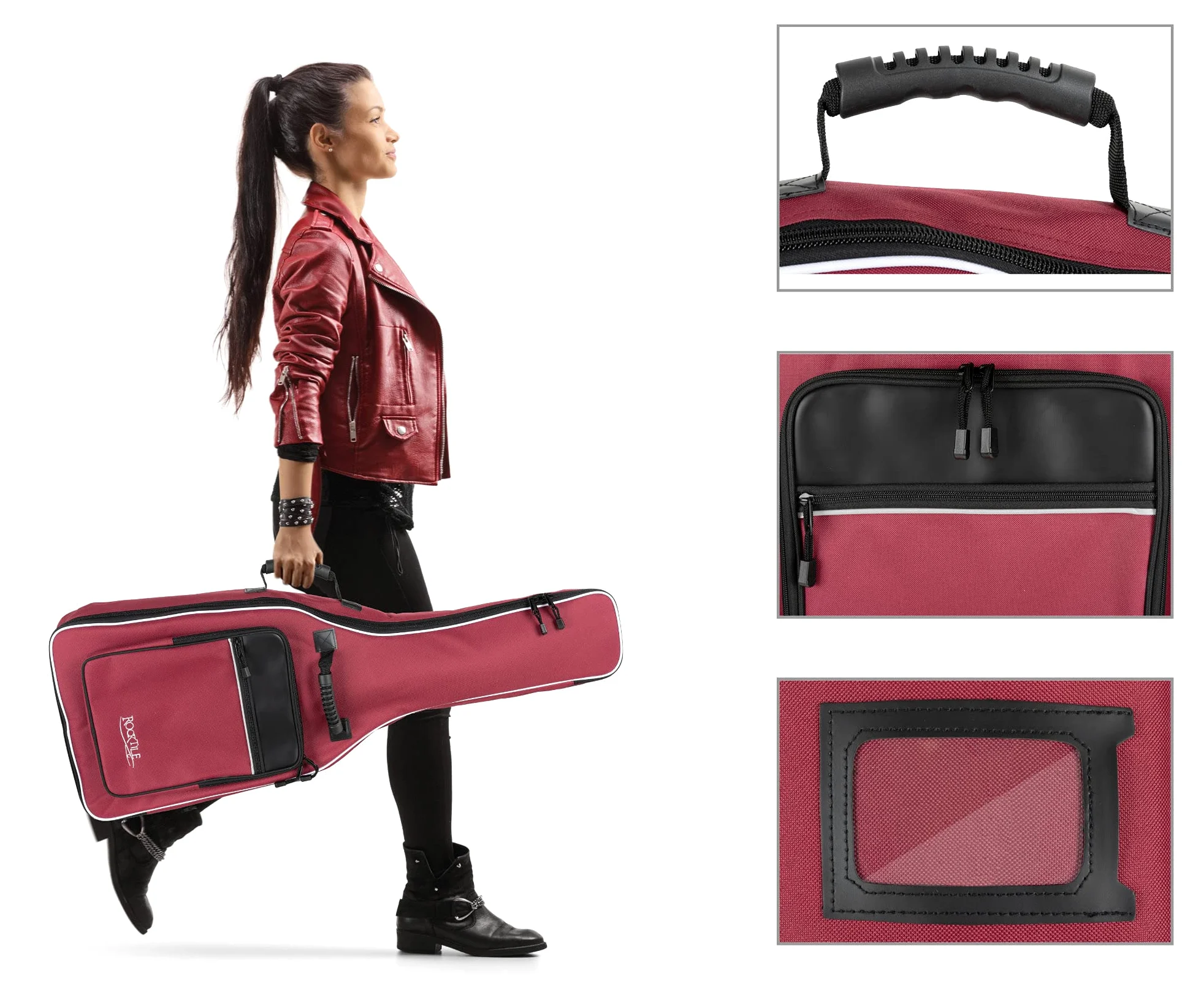 ROCKTILE Klassik-Gitarrentasche 4/4-Größe - wasserabweisender Gigbag mit weicher Polsterung und Fixierung im Halsbereich - Rucksack-Gurte - Große Aufsatztaschen für Noten und Zubehör - Rot