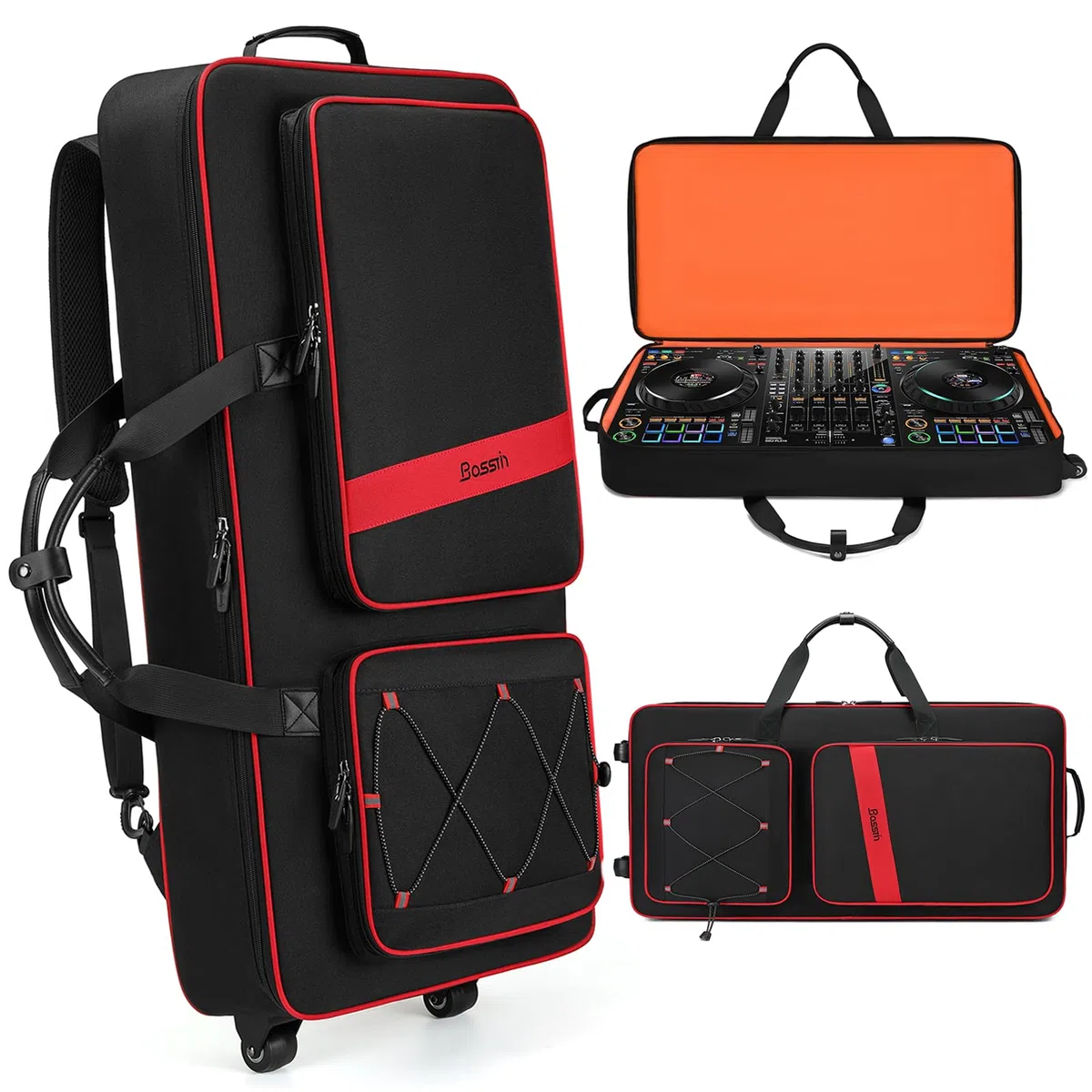 BOSSTIN DJ-Controller-Tasche mit Rädern, kompatibel mit DDJ FLX10 /1000 /FLX6 /REV7 /REV5, Rolling DJ Koffer für Ausrüstung, gepolsterter großer DJ-Rucksack mit Multi-Tasche für Laptop-Zubehör