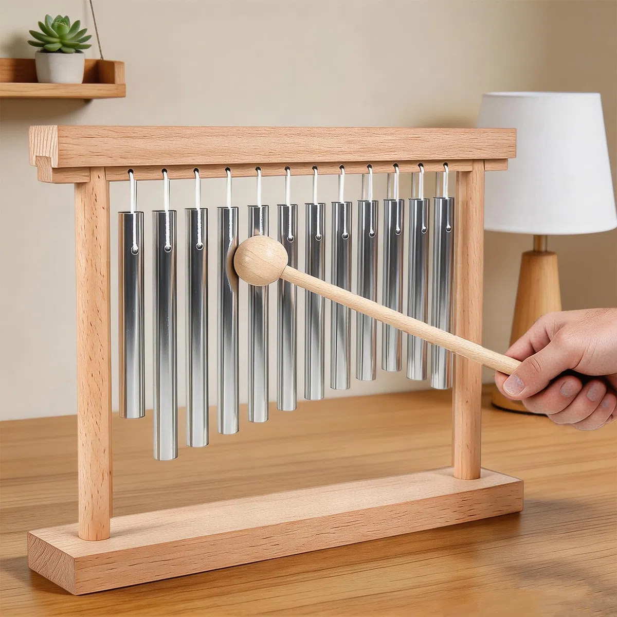 AOVNA Chimes Percussion-Instrument, einreihig, holzfarben, Tisch-Windspiel, leichtes Klangspiel, Musikinstrumente, Anfänger, kollaborative Familie