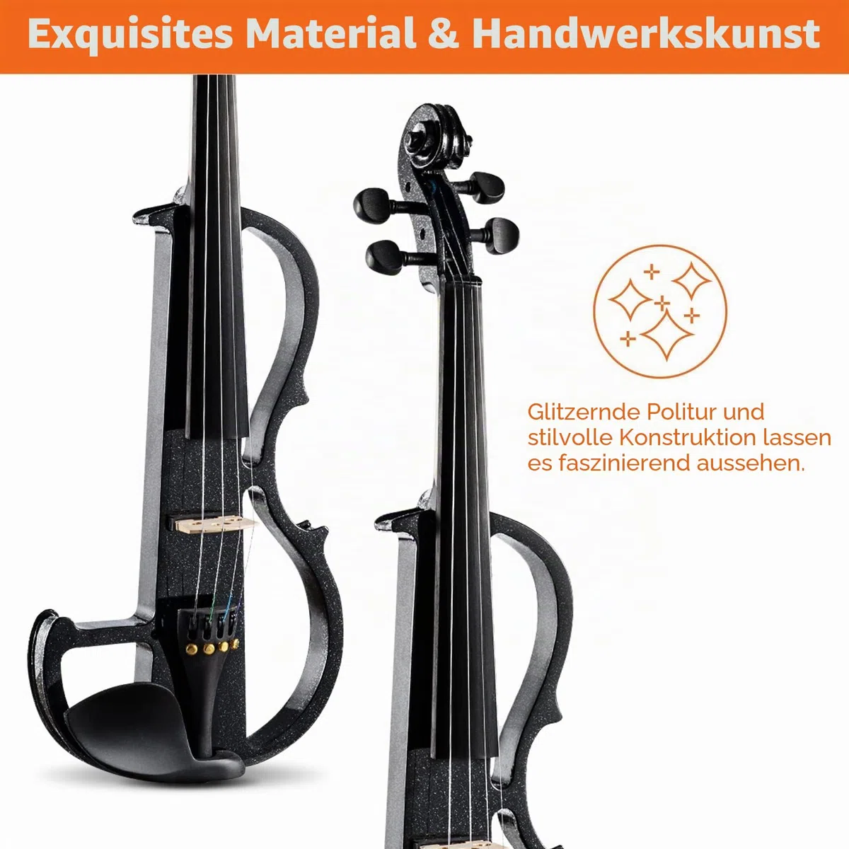 Vangoa 4/4 Elektrische Violine E Geige aus Massivem Holz Electric Stille Violine in Volle Größe mit Kolophonium, Tragetasche, Audiokabel, Schulterstütze, Bogen, Schwarz