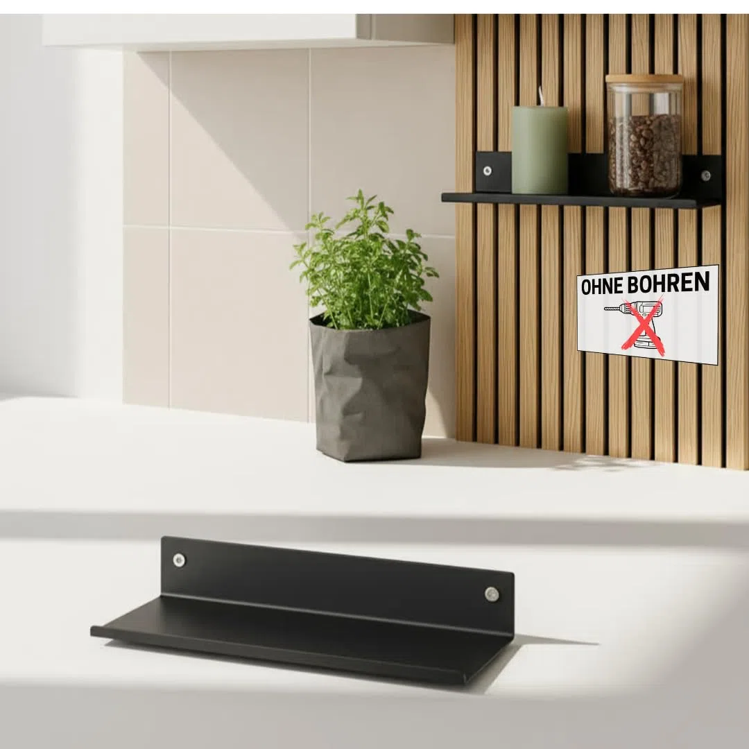 Steinmine - Designmanufaktur Wandregal Metall schwarz matt – Metallverschraubung - kein Bohren – Zubehör für Akustikpaneele (44cm x 13cm)