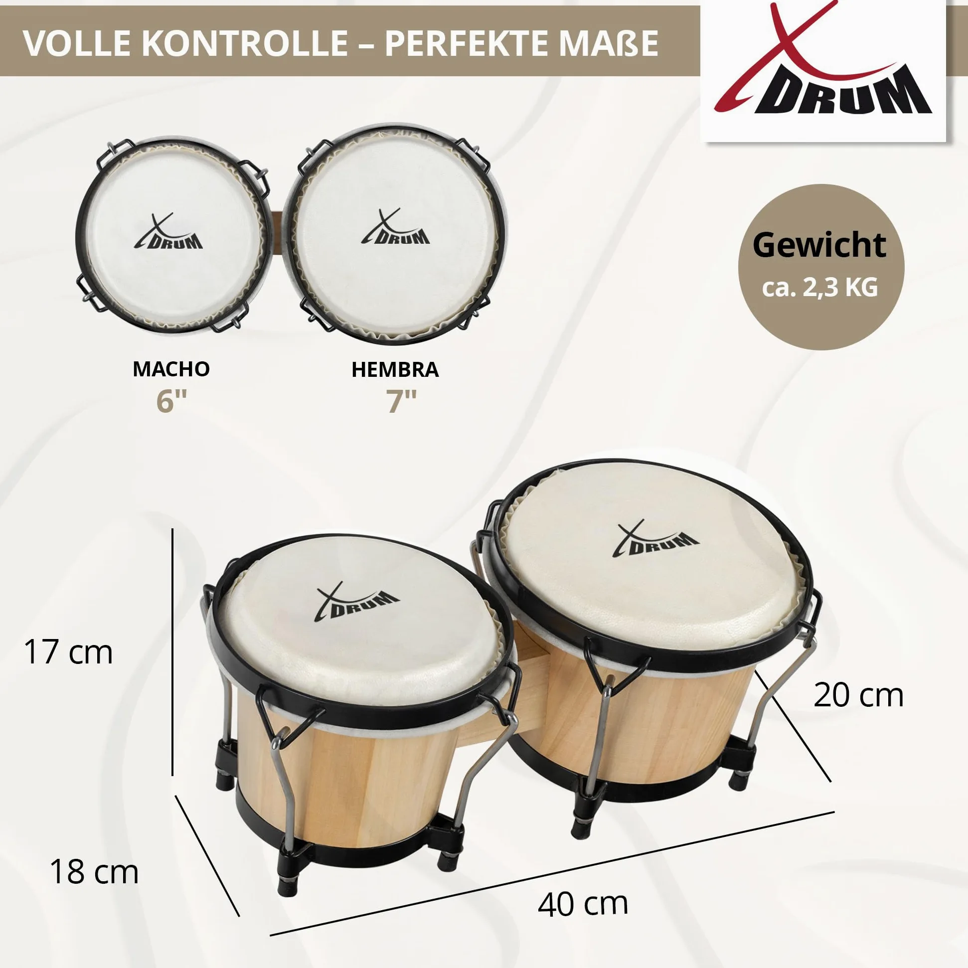 XDrum PERC Bongos Club Natur - 2 Trommeln mit 6" und 7" - Bongotrommeln mit stimmbaren Naturfellen und Stimmschlüssel - Holztrommeln Natur - Set inkl. gepolsterter Bongotasche aus Nylon
