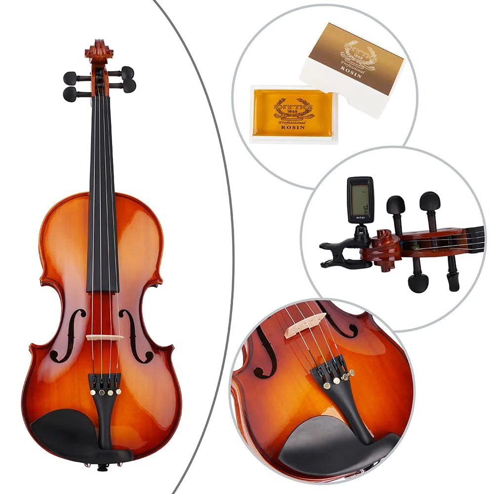 Rhythm 1/2 Violine Set halbe Größe für Anfänger mit Hartschalenkoffer, Kolophonium, Schulterstütze, Bogen und extra Saiten