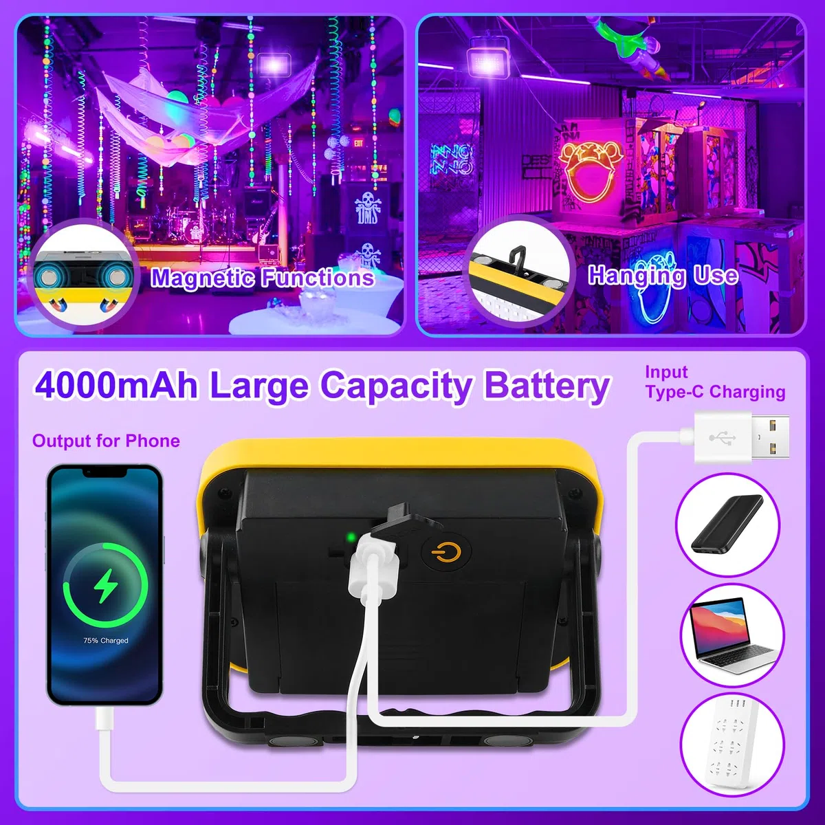 LED Baustrahler Akku UV, T-SUNUS Schwarzlicht Strahler Akku UV Wiederaufladbar LED Arbeitsstrahler IP66 Wasserdicht Black Light mit Magnet Ultraviolettes Licht für Halloween Poster Party Angeln