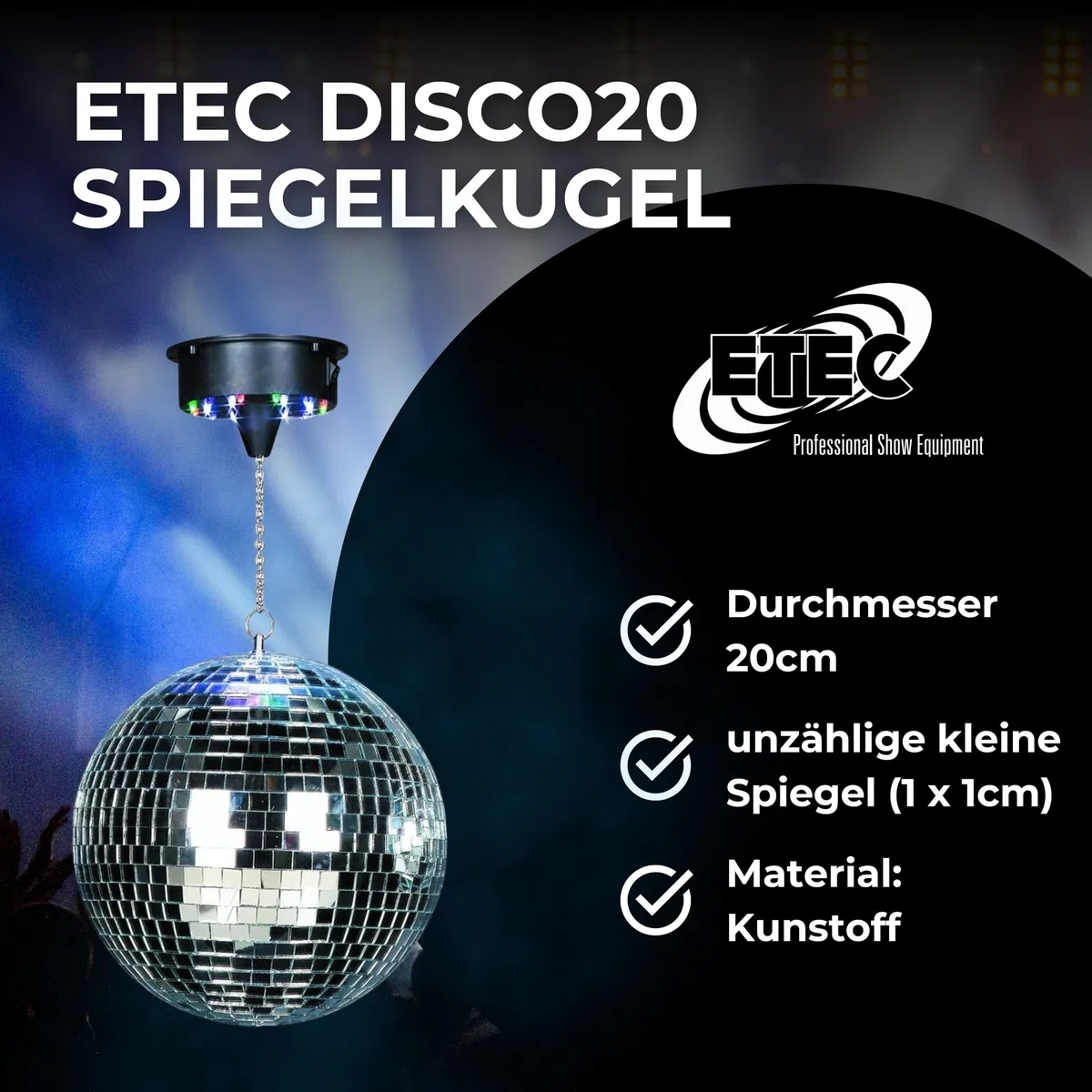 ETEC Professional DISCO20 Spiegelkugel 20cm Set mit LED Motor DISCOLIGHT BELEUCHTUNG Discokugel Disco Effekt Strahler silber batteriebetrieben mit 18 LEDs Partykeller DJ Club