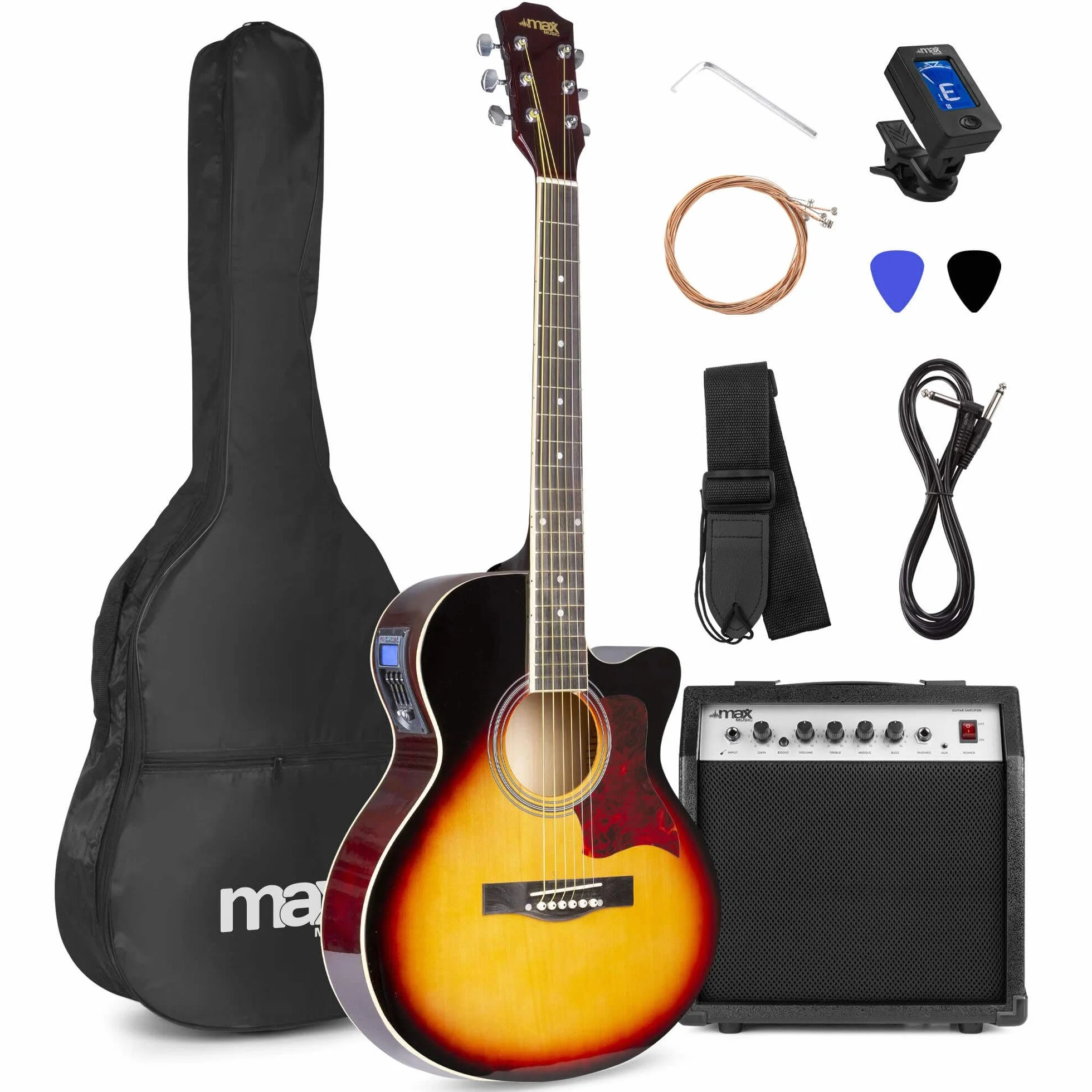MAX ShowKit Elektro Akustik Gitarre Set mit Verstärker 40 Watt, Gitarrentasche, Gitarrenständer, Gitarrenstimmgerät, Instrumentenkabel, Plektrum und E Akustikgitarre mit Tonabnehmer - Sunburst
