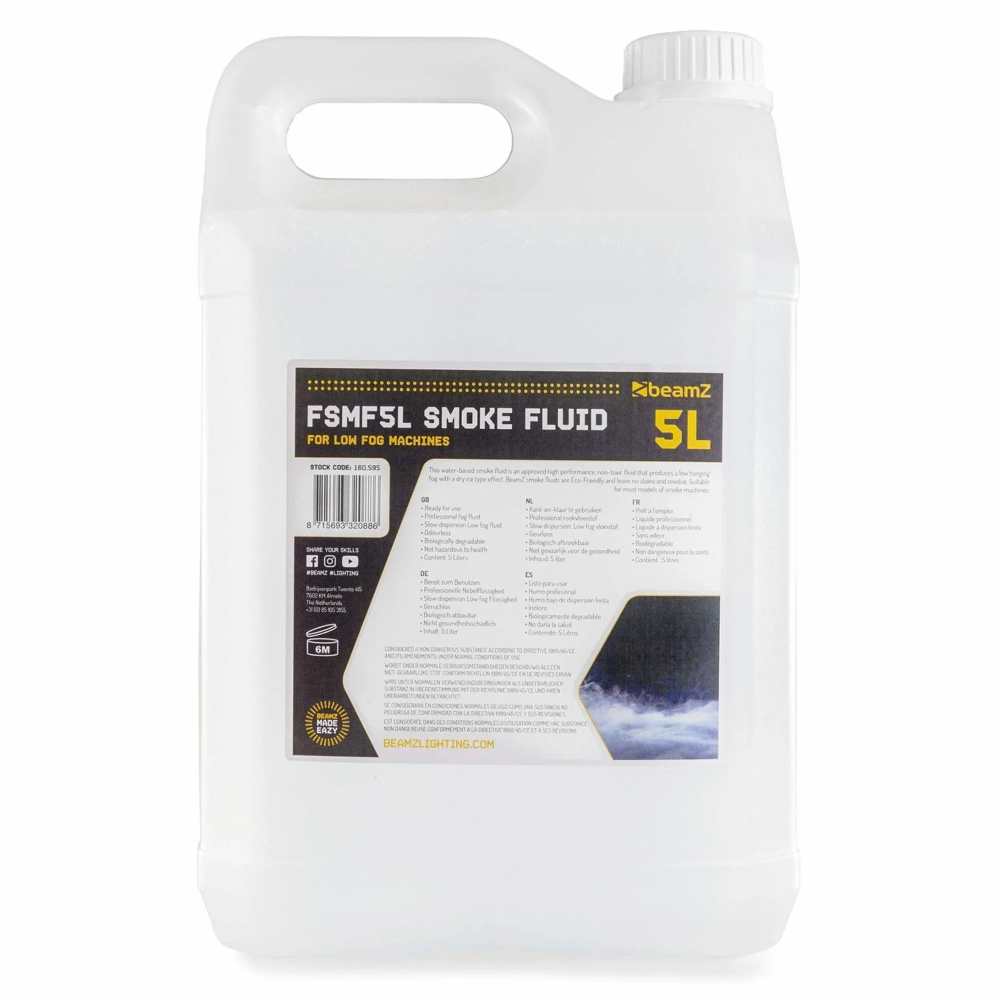 BeamZ FSMF5L-Nebelflüssigkeit zur Verwendung mit Low-Fog-Nebelmaschinen - 5 Liter