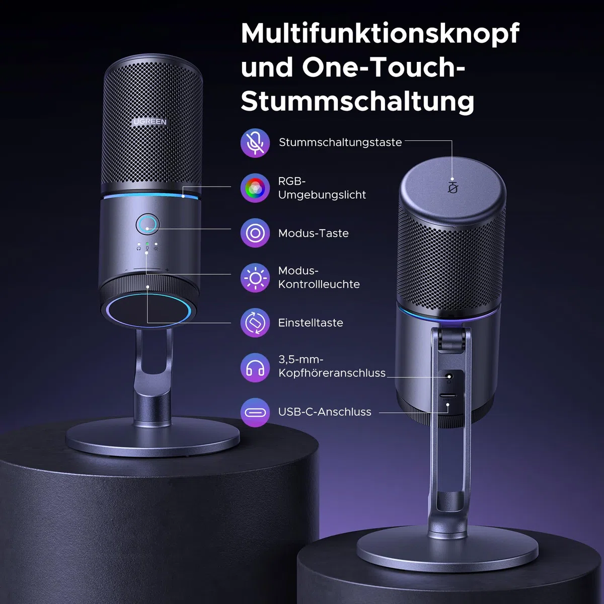 UGREEN Mikrofon Gaming für PC USB Microphone mit RGB Licht 24bit/96kHz Stummschalttaste Gaming Mic für PS5 /PS4 Kondensatormikrofon für Streaming, Podcasting, Aufnahme, Laptop