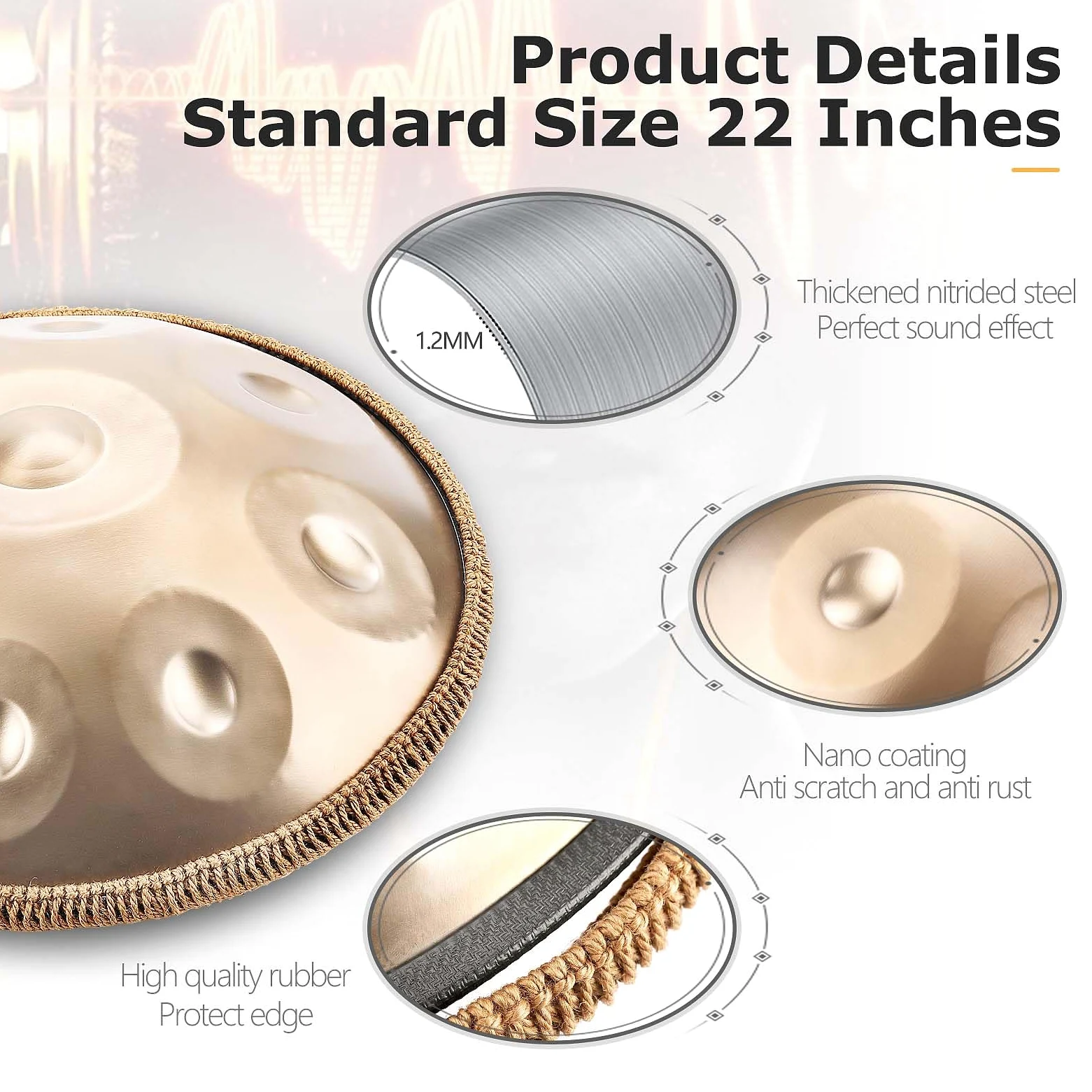 Handpan Drum, 22 Zoll 9/10/12/ Note 432/440 Hz Steel Tongue Drum in D-Moll Steel pan für Yoga-Meditation, Klangheilung (Gold, 9 Töne- 432Hz)