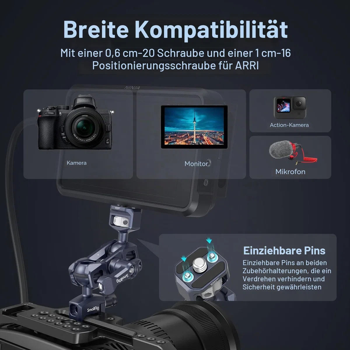 SMALLRIG Articulating Magic Arm mit NATO-Klemme und 1/4"-20 Schraube (mit einziehbaren Stiften), 360-Grad-Drehung Max. Belastung 5,5 kg Magic Arm für Monitor-Mikrofon und Licht – 3875