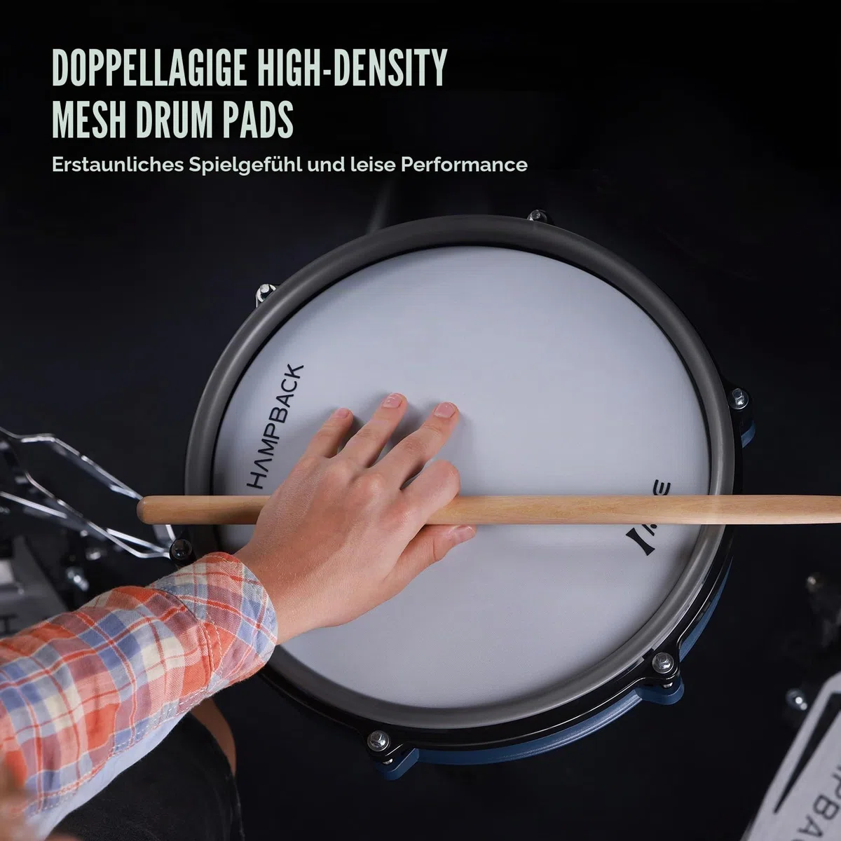 HAMPBACK ACE-360 Elektrisches Schlagzeug-Set mit 4 Quite Mesh Elektronischen Pads, 5 Zoll Kickdrum 12 Kits und 68 Authentische Sounds, USB MIDI, Thron, Sticks, Kopfhörer, 2 Switch Pedale für Anfänger
