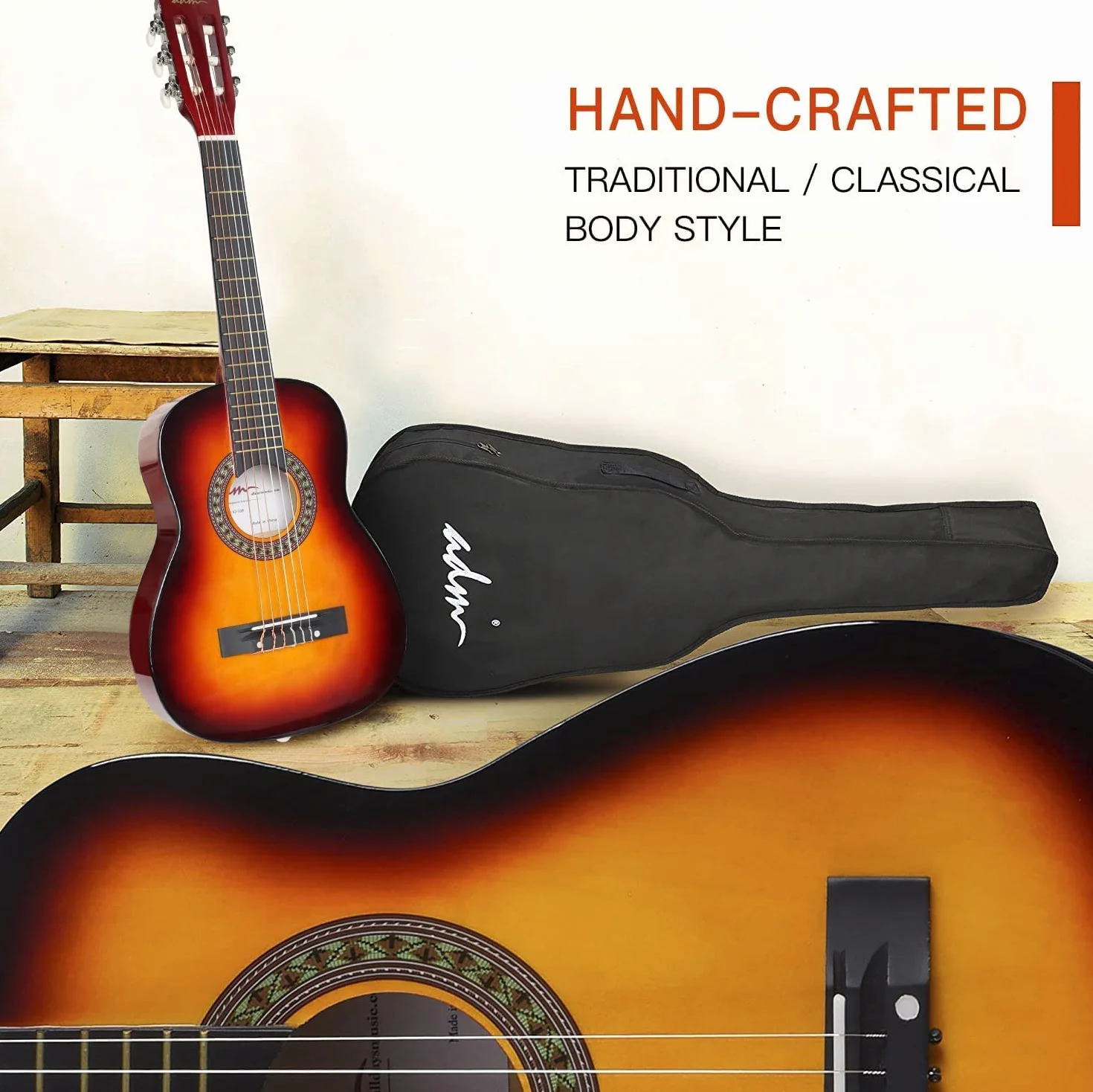 ADM 1/4 Kindergitarre Junior-Konzertgitarre für Anfänger mit Clip-Stimmgerät, Tasche, Gurt, Zusätzlichen Saiten und Plektren, Sunburst