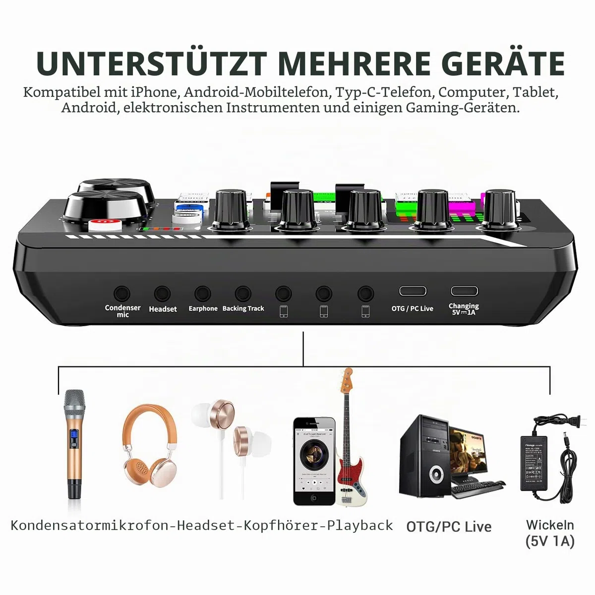 Facmogu F998 Live Sound Card Audio Mixer, Podcast Audio Interface mit DJ Mixer Effekten, Voice Changer mit Soundeffekten für Karaoke Tiktok YouTube Live Streaming Record Gaming