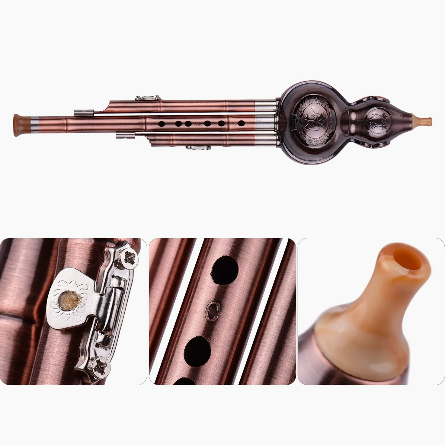 Hulusi C Taste 3 Ton C-Key Hulusi -Flöte Kupfer plattiert Rohre Chinesisches Traditionelles Instrument für Anfänger mit chinesischem Knoten Musical Trage Musical Amateur