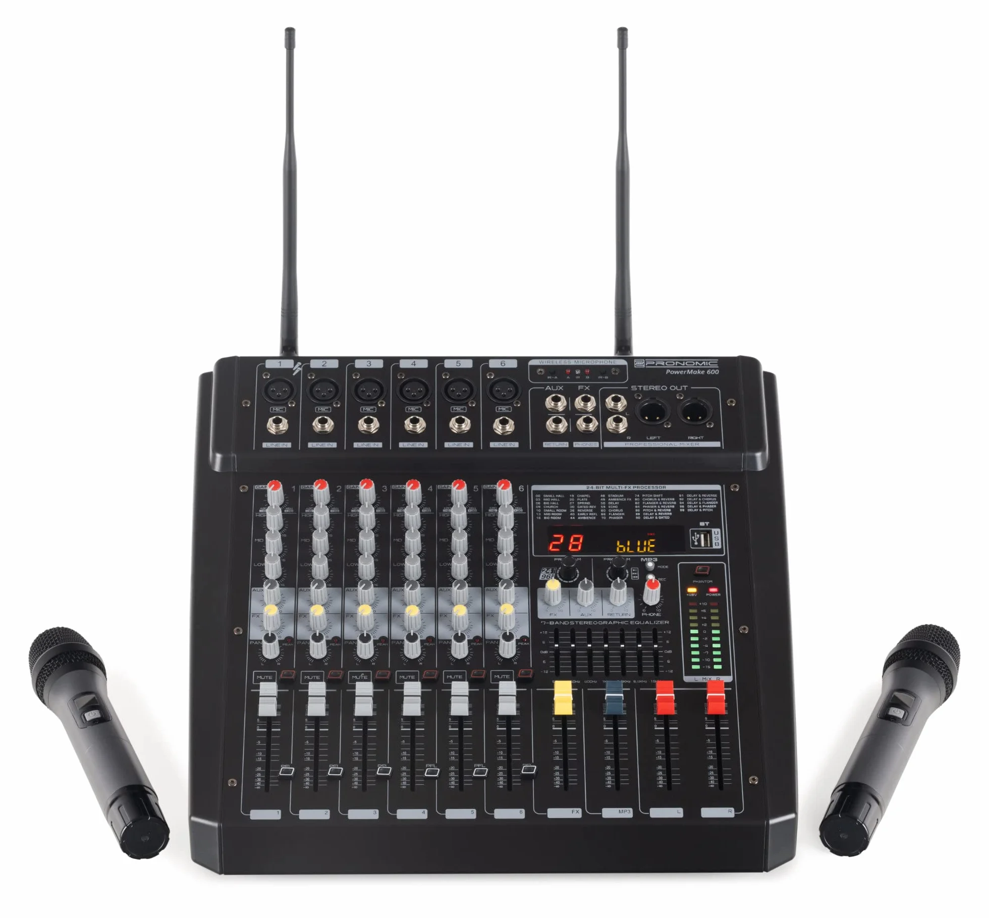 Pronomic Powermake 600 Powermischer - 6-Kanal-Mischpult - 2 UHF-Funkmikrofone - 760 Watt RMS-Leistung - 24Bit Multi-Effekt-Prozessor - Bluetooth®/USB-Player/Recorder - Grafischer Equalizer - Schwarz