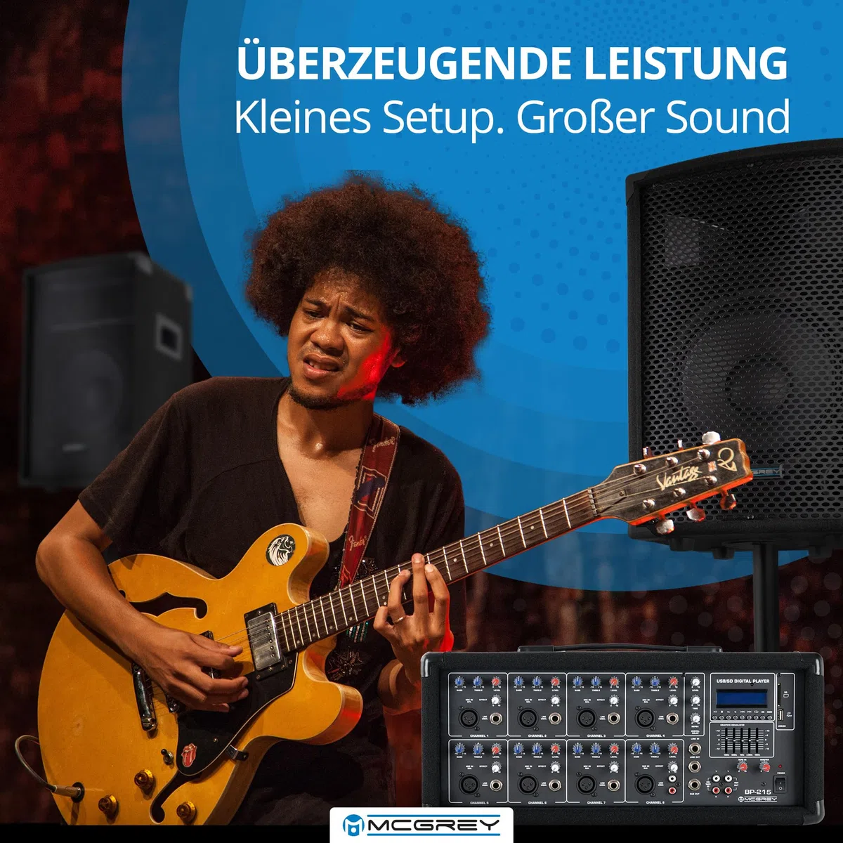 McGrey BP-215 Bandpack PA-Anlage - 8-Kanal Powermixer - digitaler Hall - Bluetooth - USB/SD-Slot - 2-Wege-Lautsprecher mit 15" Woofer und Horn - Inklusive Mikrofon, Stative und Kabel - 150 Watt