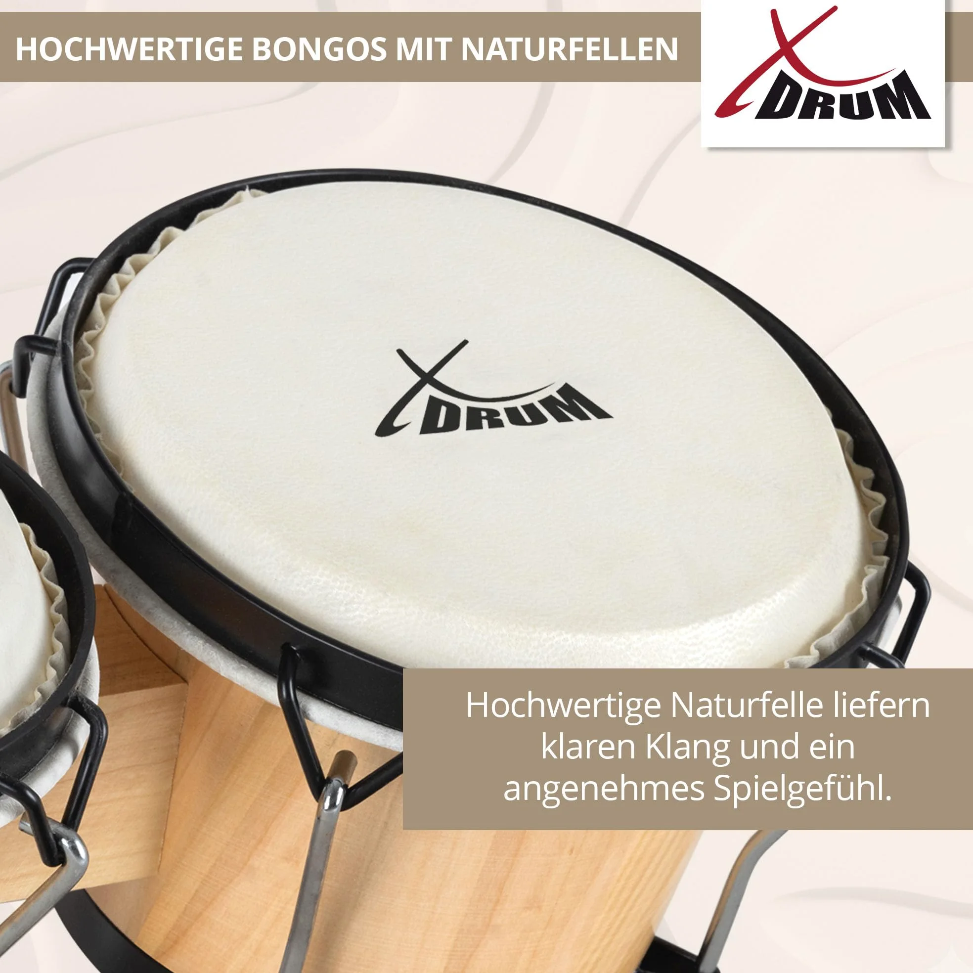 XDrum PERC Bongos Club Natur - 2 Trommeln mit 6" und 7" - Bongotrommeln mit stimmbaren Naturfellen und Stimmschlüssel - Holztrommeln Natur - Set inkl. gepolsterter Bongotasche aus Nylon