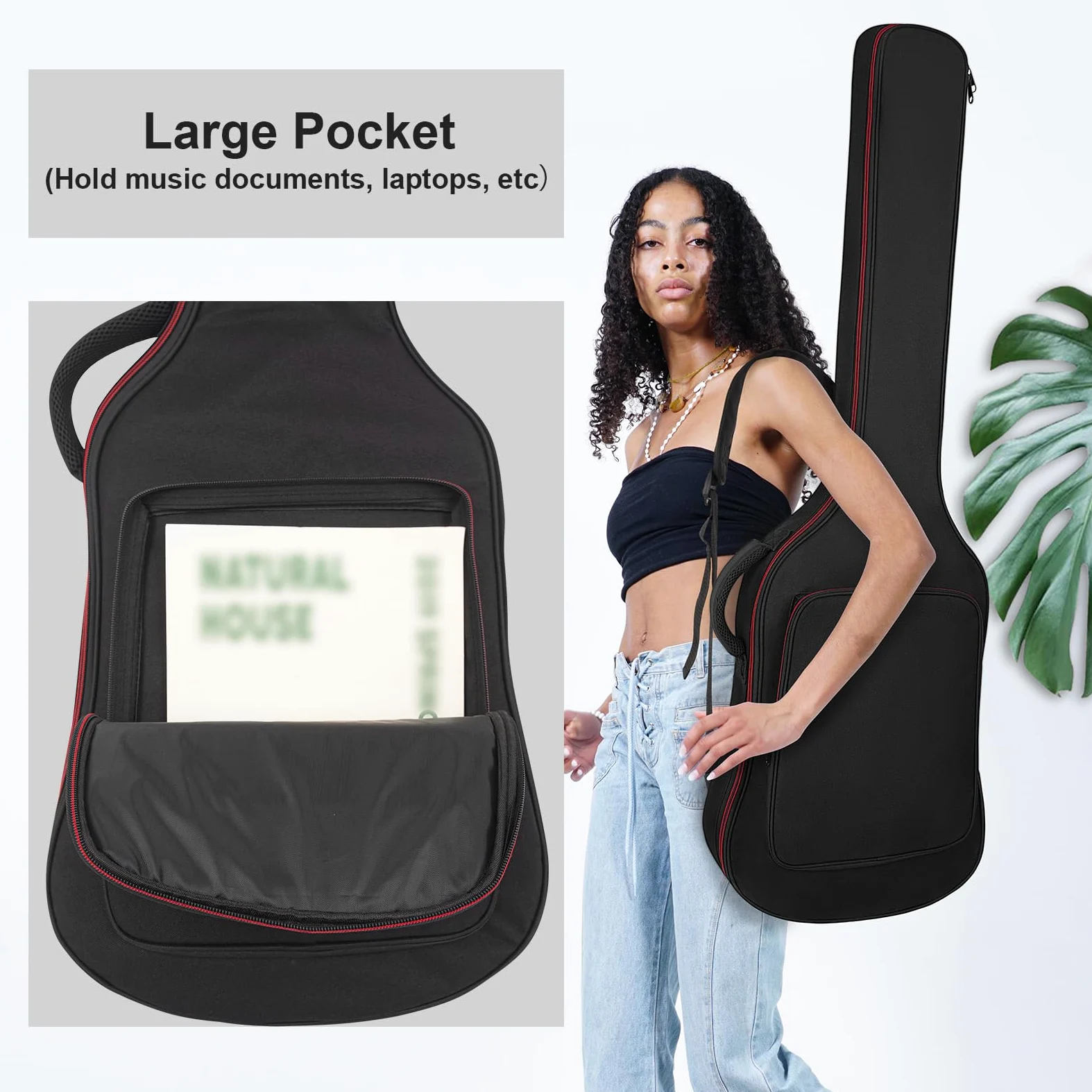 Tasche für Bassgitarre, 10 mm Polsterung, wasserdicht, E-Bass, Gigbag Rucksack mit Nackenschutzgurt und Tasche, verstellbarer Schultergurt, Schwarz, Schwarz , Bass Guitar Bag-Red Zipper