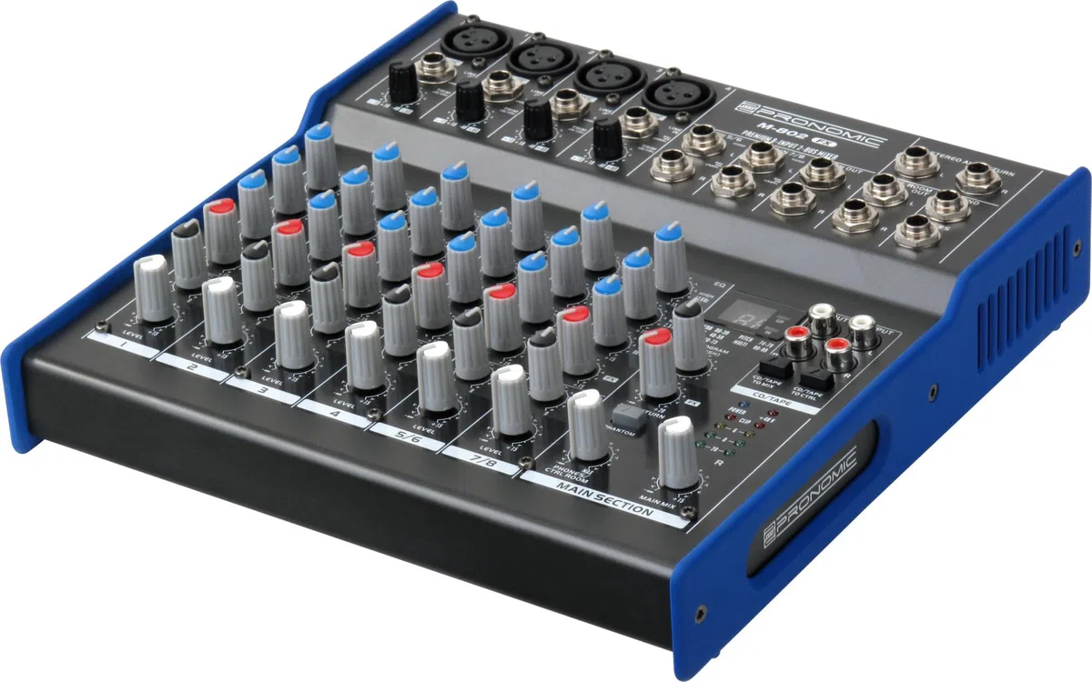 Pronomic M-802FX 8-Kanal Mischpult mit 100 Effekten und 4 XLR-Eingängen | 24-Bit Effektprozessor, 100 Programme, 4 Mono-Kanäle, 2 Stereo-Kanäle, 3-Band EQ, 48 V, Netzteil