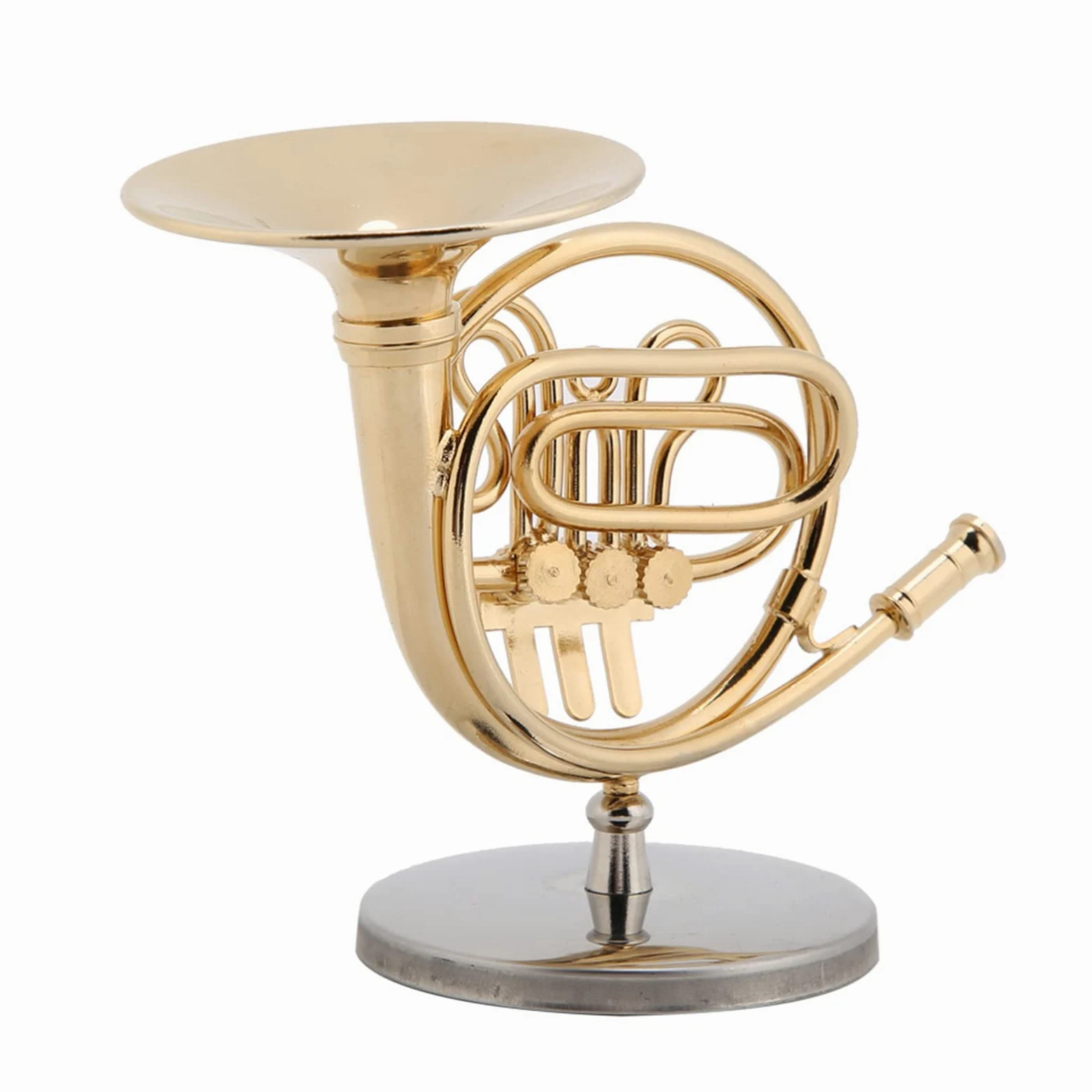 Fdit Miniatur-Waldhorn, Messing Vergoldete Nachbildung mit Ständer, Detailliertes Instrumentenmodell für e, Heim- und Musikraumdekoration