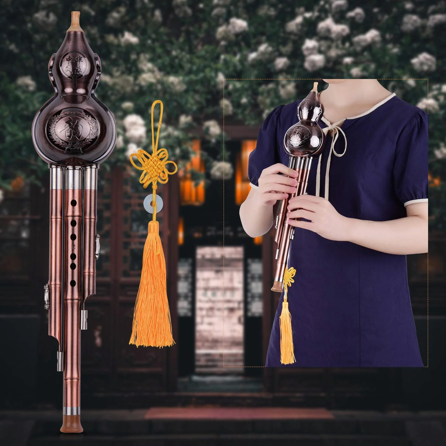 Hulusi C Taste 3 Ton C-Key Hulusi -Flöte Kupfer plattiert Rohre Chinesisches Traditionelles Instrument für Anfänger mit chinesischem Knoten Musical Trage Musical Amateur