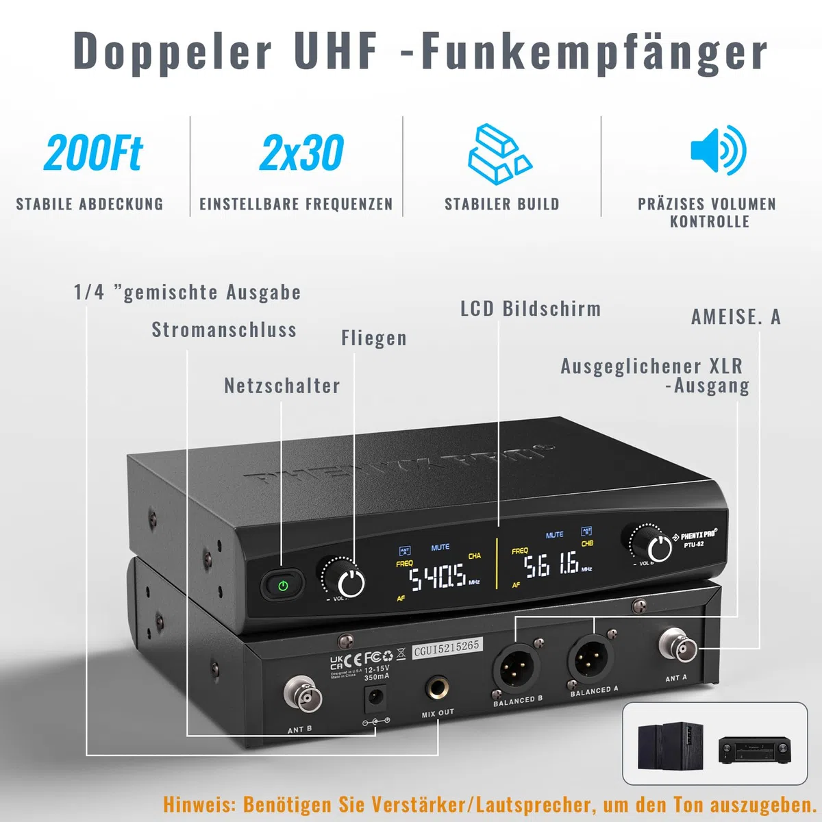 Phenyx Pro UHF Kabelloses Mikrofonsystem mit 2 x 30 abstimmbaren PTU-52-2B | schnurloses Metall-Mikrofon-Set, 61 m Reichweite, 2 Bodypacks & Headsets/Ansteckmikrofone für Sprechen, Singen, Kirche, DJ