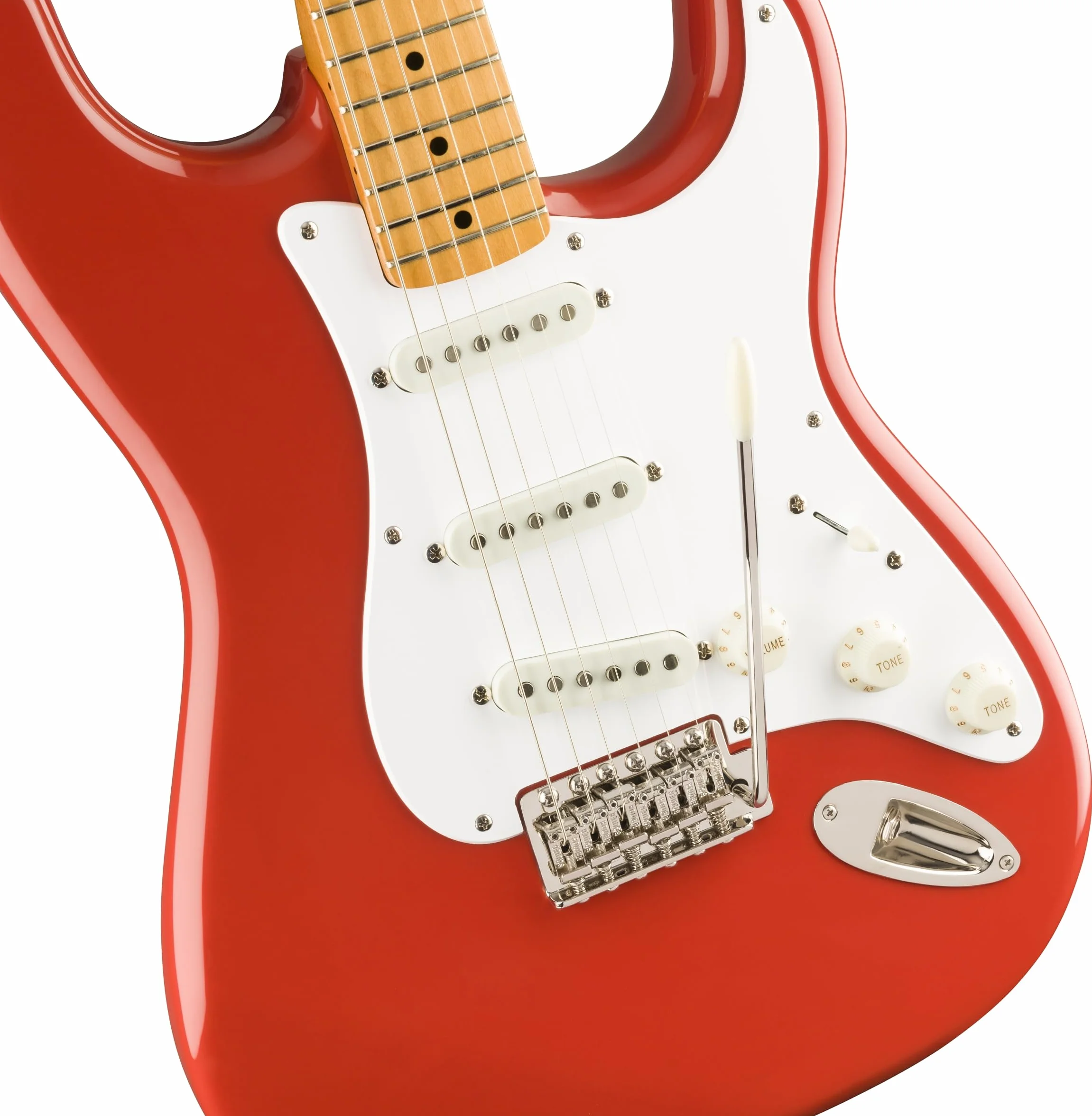 Squier by Fender Classic Vibe '50s Stratocaster, Fiesta Red – E-Gitarre, Vintage-Style, Ahorn-Griffbrett, Erle-Korpus, C-Halsprofil, Single-Coil Pickups, Retro-Sound, Tremolo, 21 Bünde