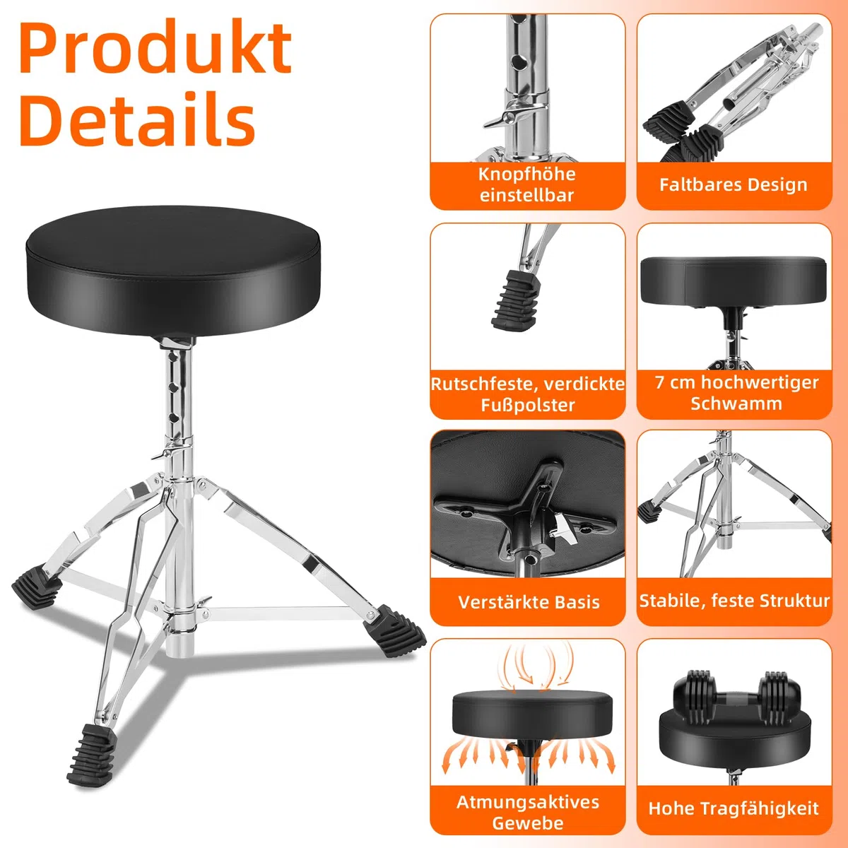 OUUTMEE Drum Throne Drumhocker, gepolsterter Sitz, 46 bis 58CM, höhenverstellbar, runde Oberseite, Drum Chair mit Stabiler Stativbasis, Percussion und Keyboardspieler