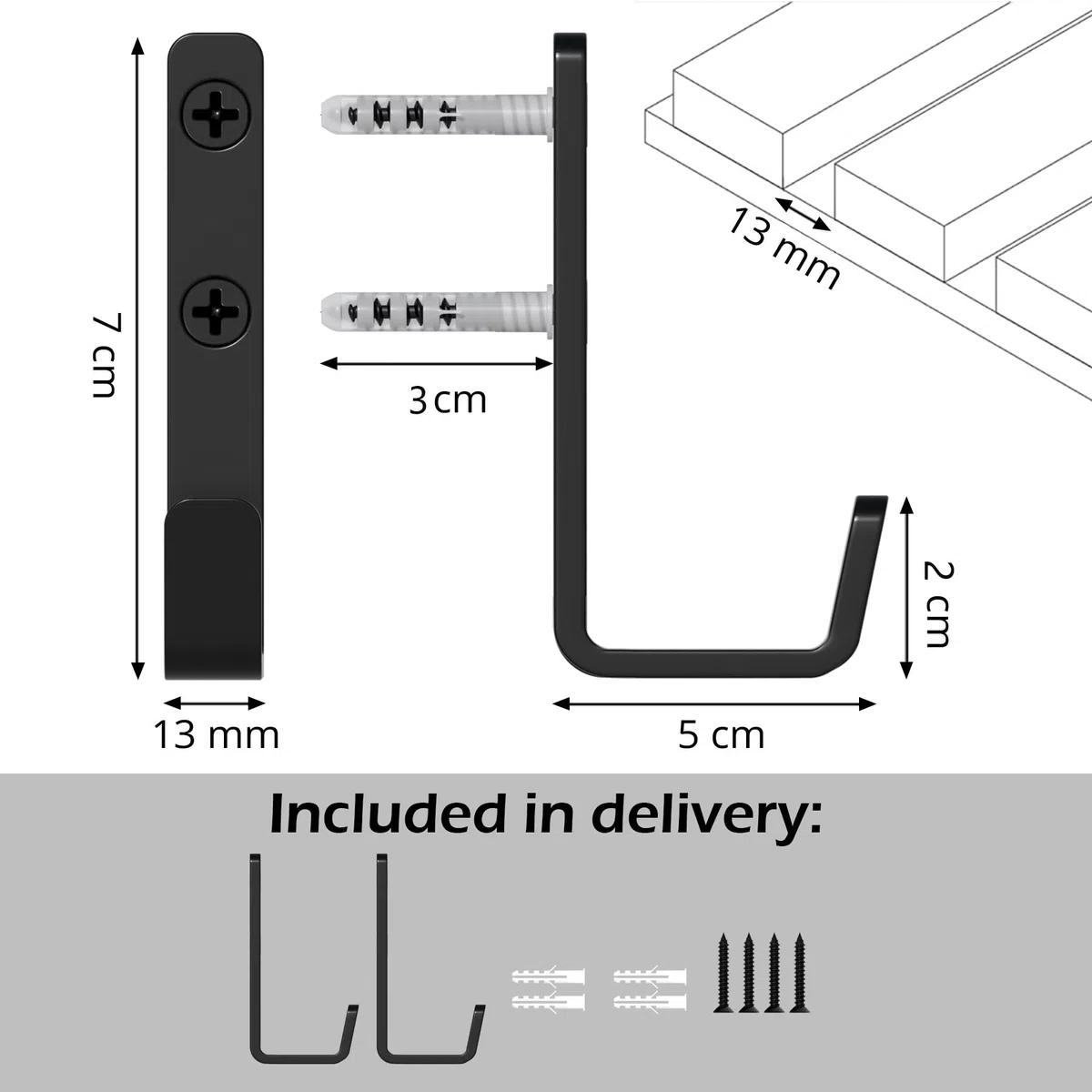 8 Stück Kleiderhaken Akustikpaneele haken, Schwarz, Metall, 13mm Breit
