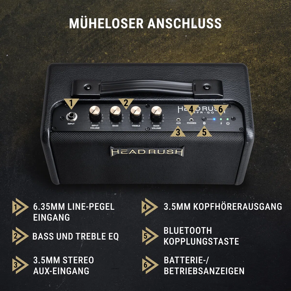 HeadRush FRFR-GO - 30W Verstärker für elektrische und Bassgitarren mit dualen 3" Lautsprechern, Bluetooth und Akku für Multi-FX/Amp Modeling Pedale