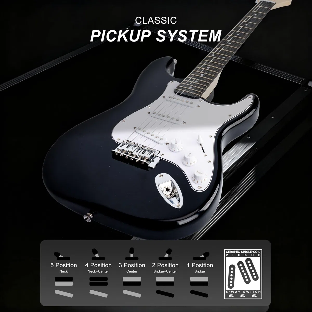 E-Gitarre 39 Zoll Anfänger E-Gitarre Kits mit Verstärker Classic SSS Tonabnehmer Komplett mit Gigbag Tuner Kapodaster Gurt Plektren Gitarrensaitenwickler Schwarz