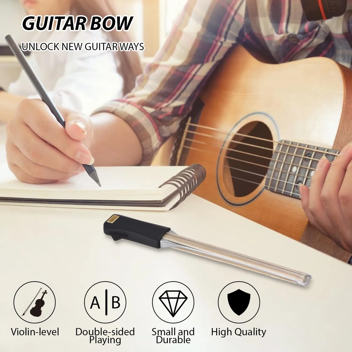 Gitarrenbogen Accessoire-Set, doppelseitiges Design mit Plectrum, Reinigungstuch und Tragetasche für akustische Gitarren