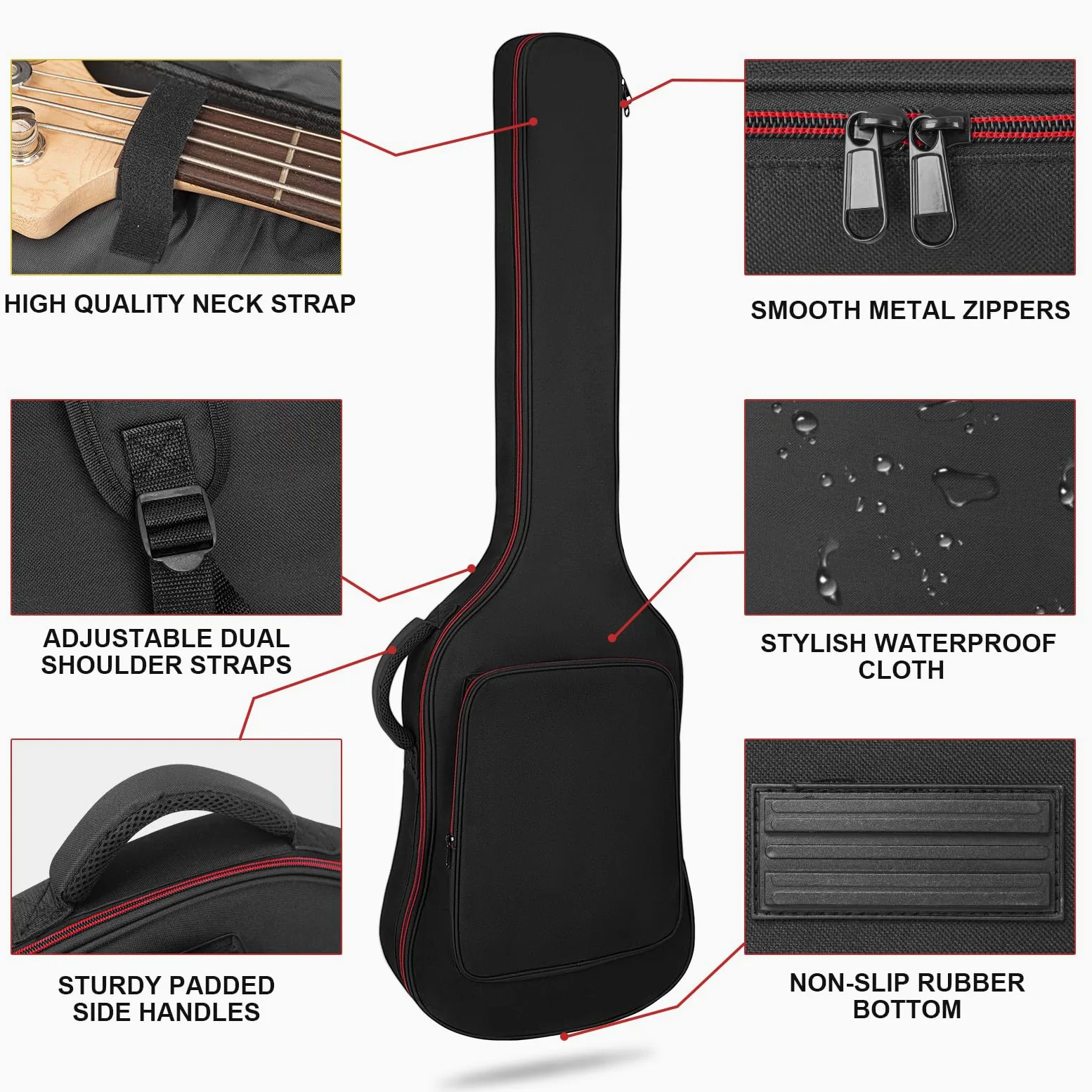 Tasche für Bassgitarre, 10 mm Polsterung, wasserdicht, E-Bass, Gigbag Rucksack mit Nackenschutzgurt und Tasche, verstellbarer Schultergurt, Schwarz, Schwarz , Bass Guitar Bag-Red Zipper