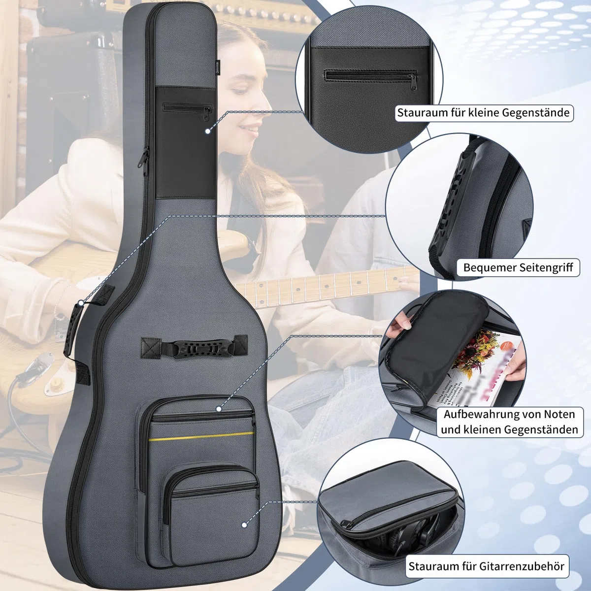 OUUTMEE 48 Zoll Tasche für E-Bass 124 x 41 x 6 cm E-Bass Tasche Verstellbare Schultergurte E-Bass-Auftrittspaket 5 mm Perlenwattepad 600D Oxford-Tuch，Grau