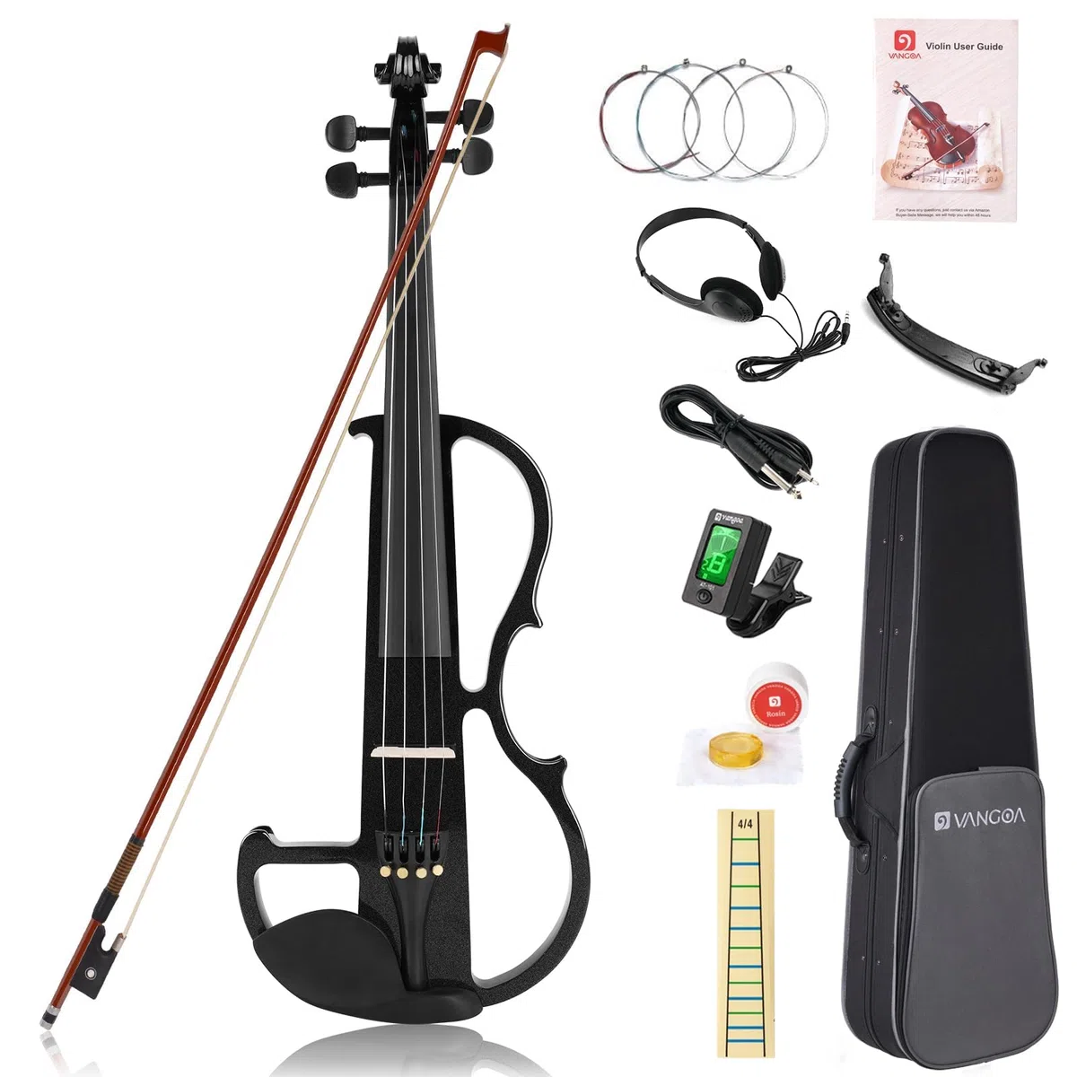 Vangoa 4/4 Elektrische Violine E Geige aus Massivem Holz Electric Stille Violine in Volle Größe mit Kolophonium, Tragetasche, Audiokabel, Schulterstütze, Bogen, Schwarz
